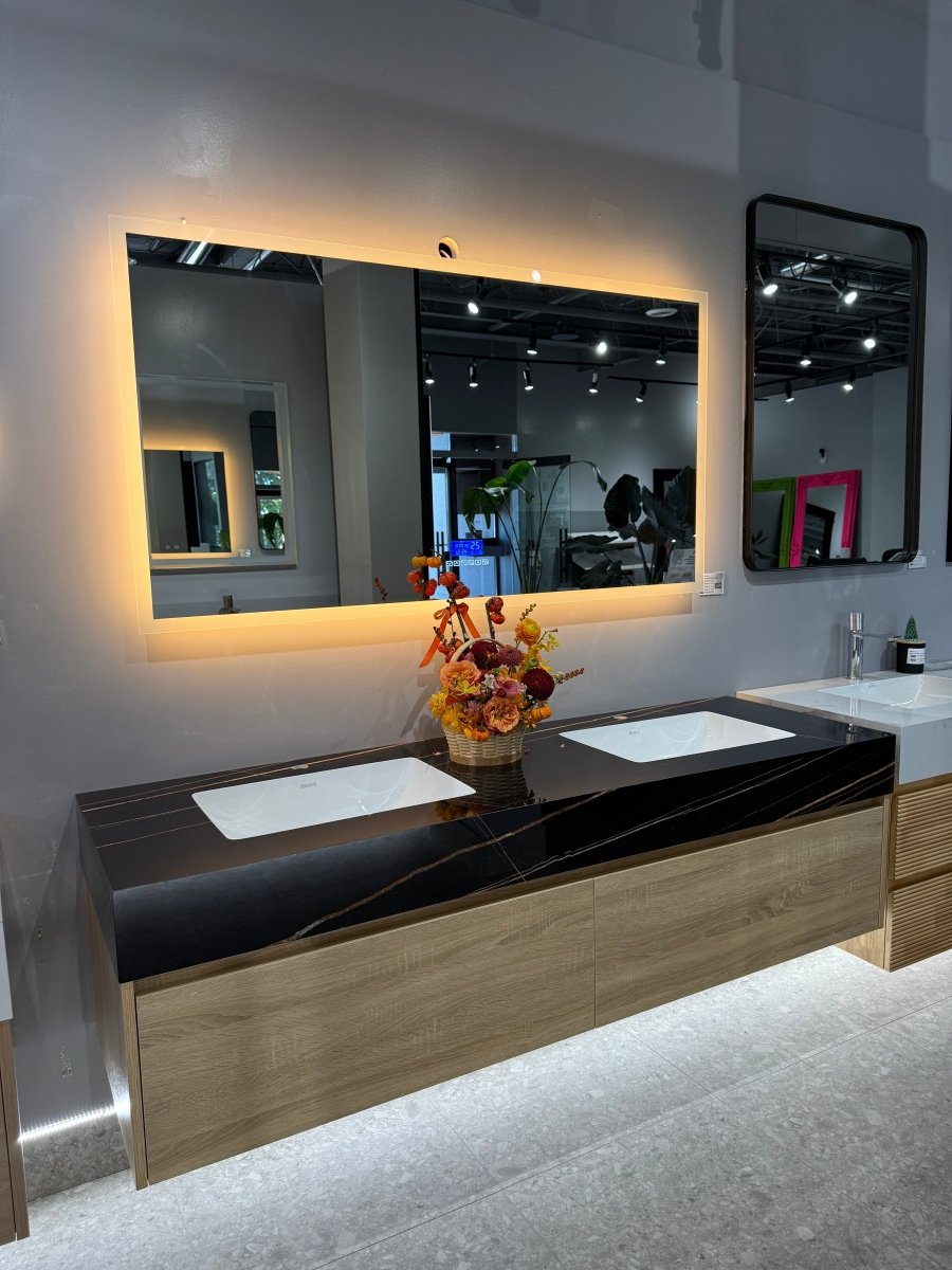 71″ Double Sink Bathroom Vanity Oak Wood Floating Cabinet（Floor Model） - VanityBlack Marquina Gold Veins NeoNova Decor