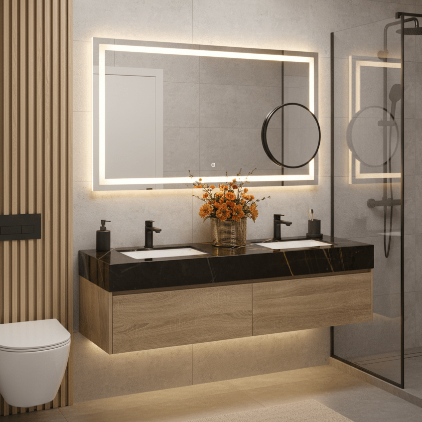 71″ Double Sink Bathroom Vanity Oak Wood Floating Cabinet（Floor Model） - VanityBlack Marquina Gold Veins NeoNova Decor