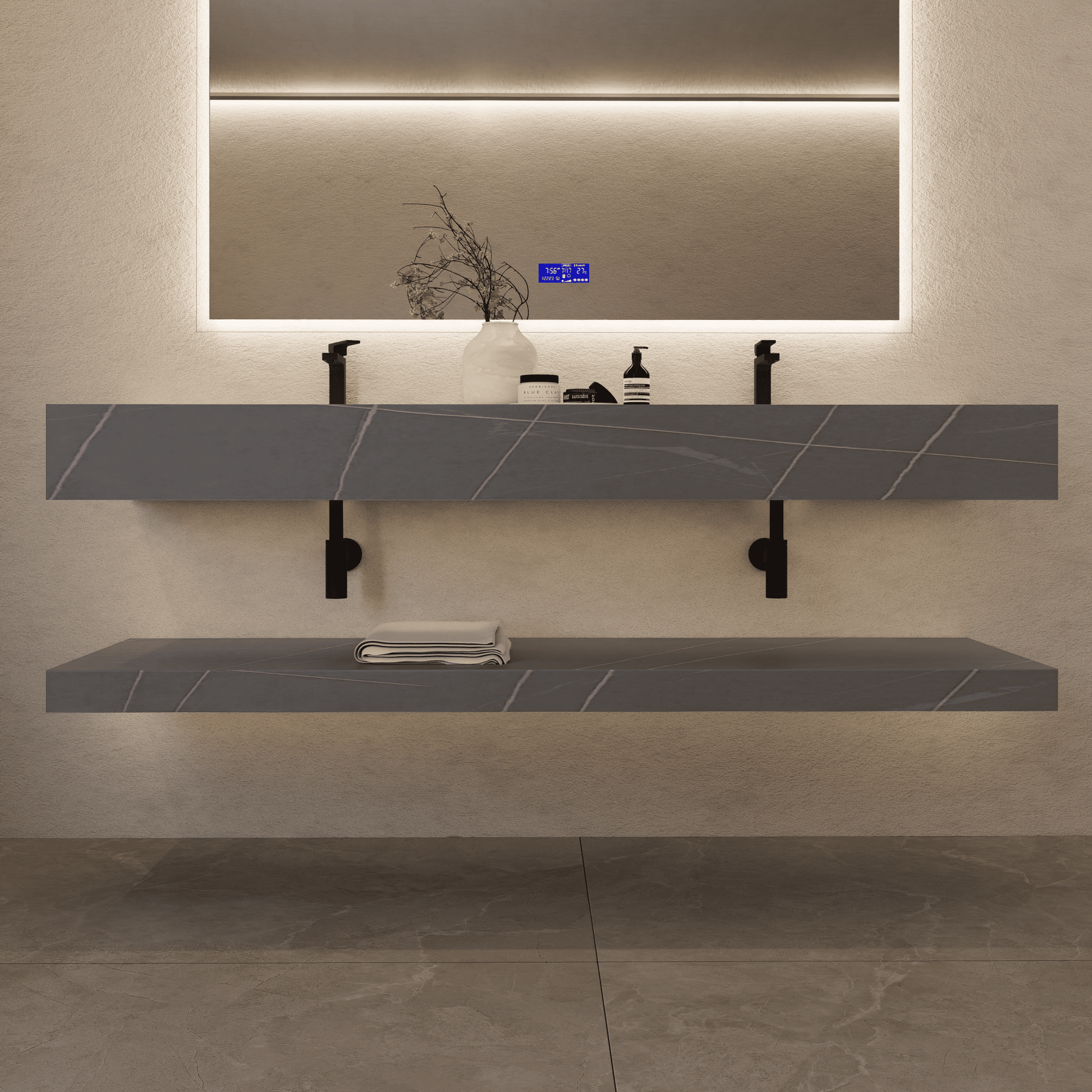 71 Inch Armani Grey Slate Double Sink Floating Vanity – Seamless Stone Basin-A3 -VanityArmani Grey