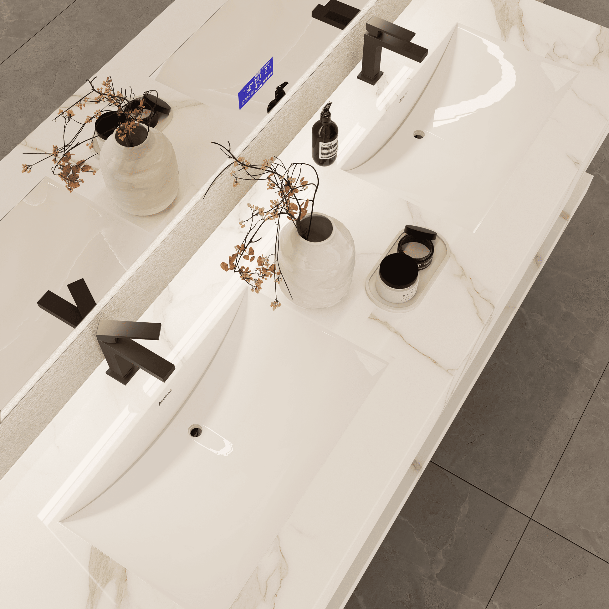 71 Inch Slate Double Sink Floating Vanity – Seamless Stone Basin - A3 - VanityArmani Grey