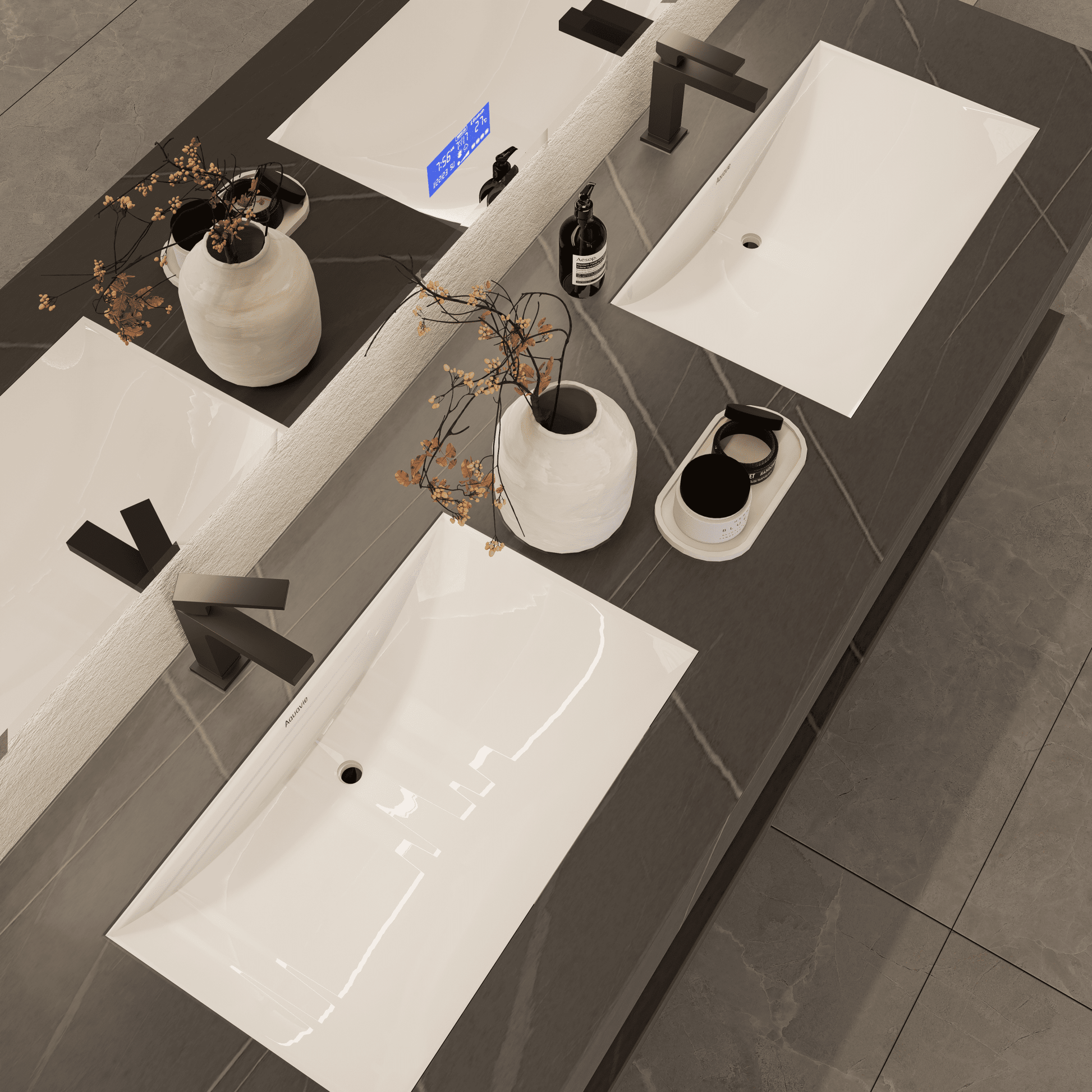 71 Inch Slate Double Sink Floating Vanity – Seamless Stone Basin - A3 - VanityArmani Grey