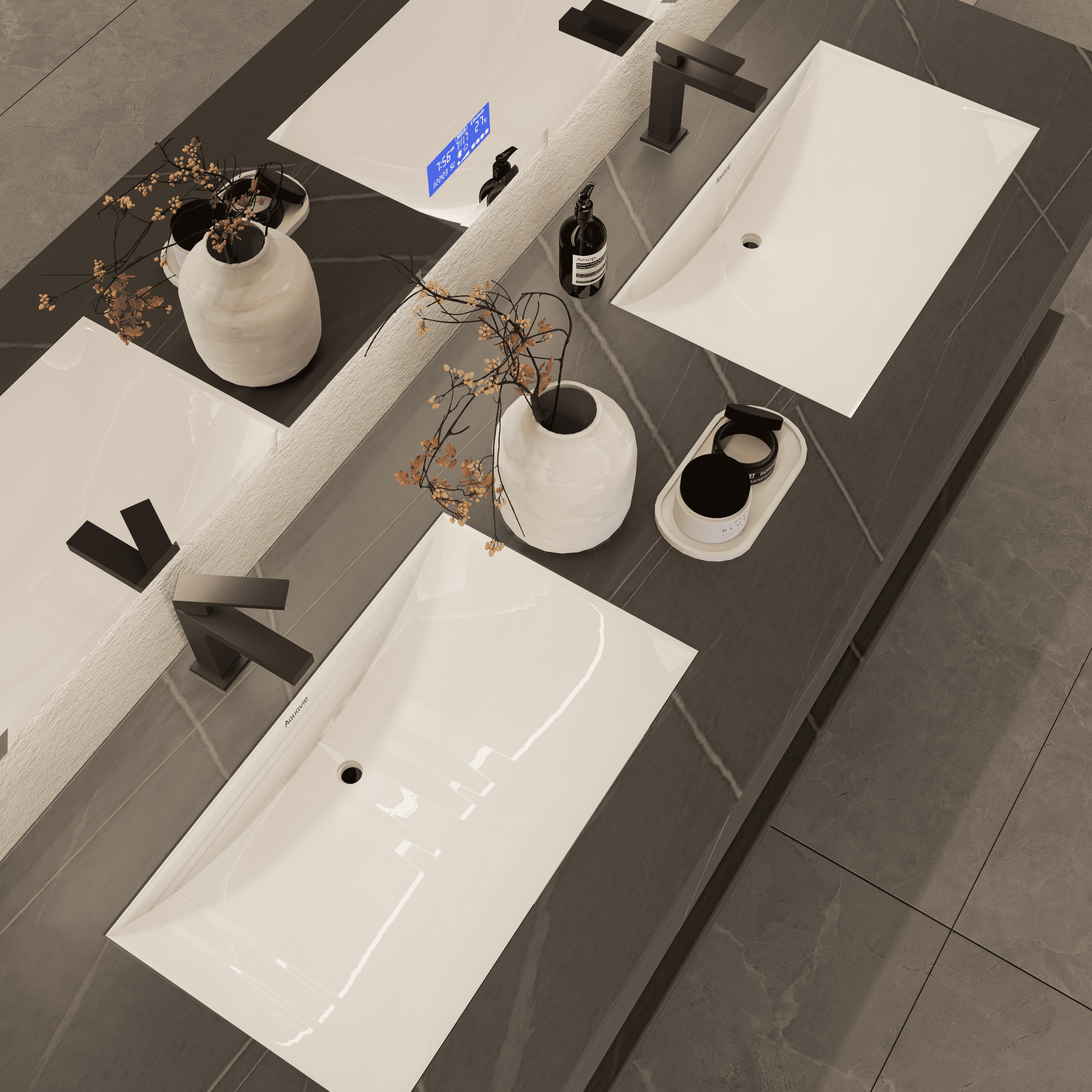 71 Inch Slate Double Sink Floating Vanity – Seamless Stone Basin - A3 - VanityArmani Grey