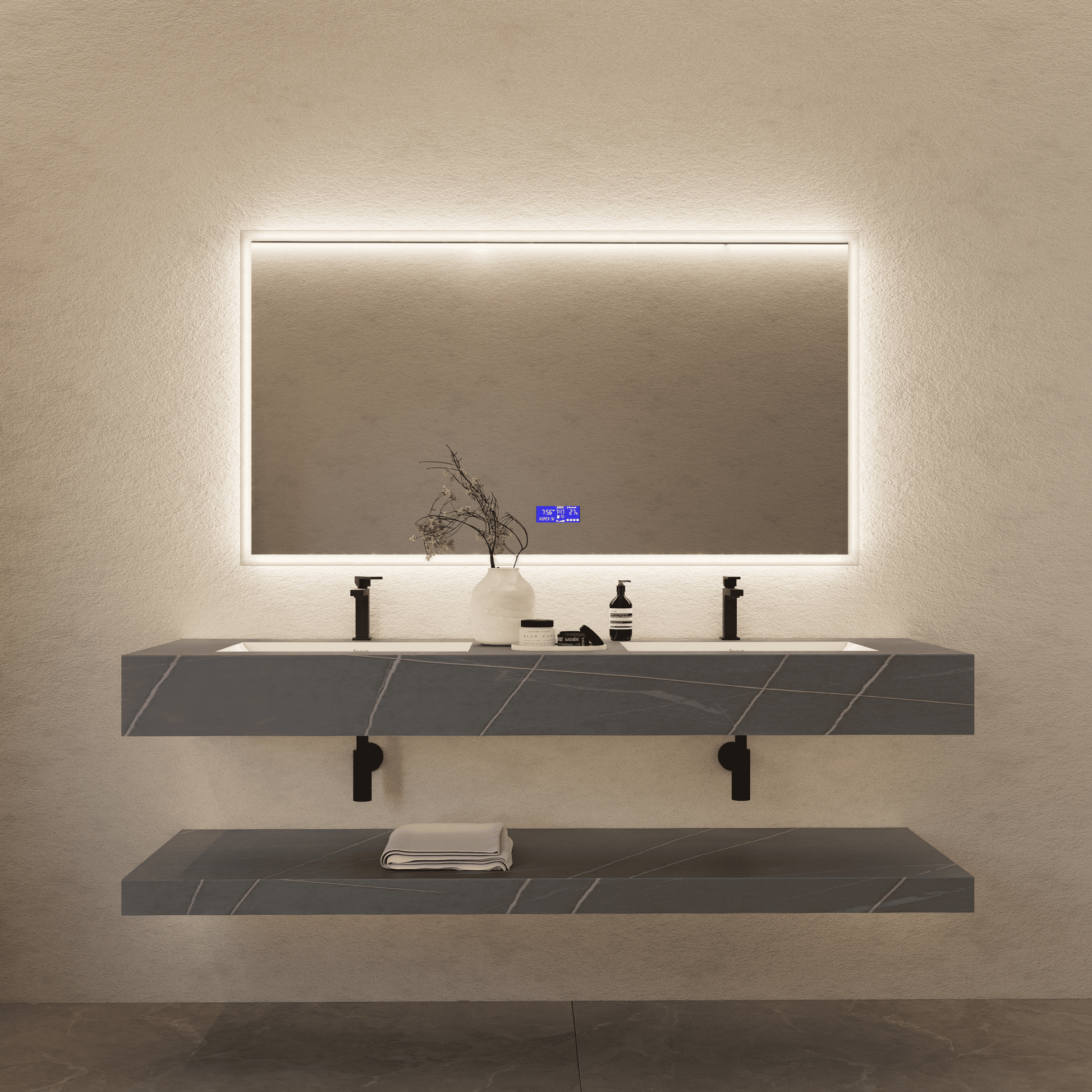 71 Inch Slate Double Sink Floating Vanity – Seamless Stone Basin - A3 - VanityArmani Grey