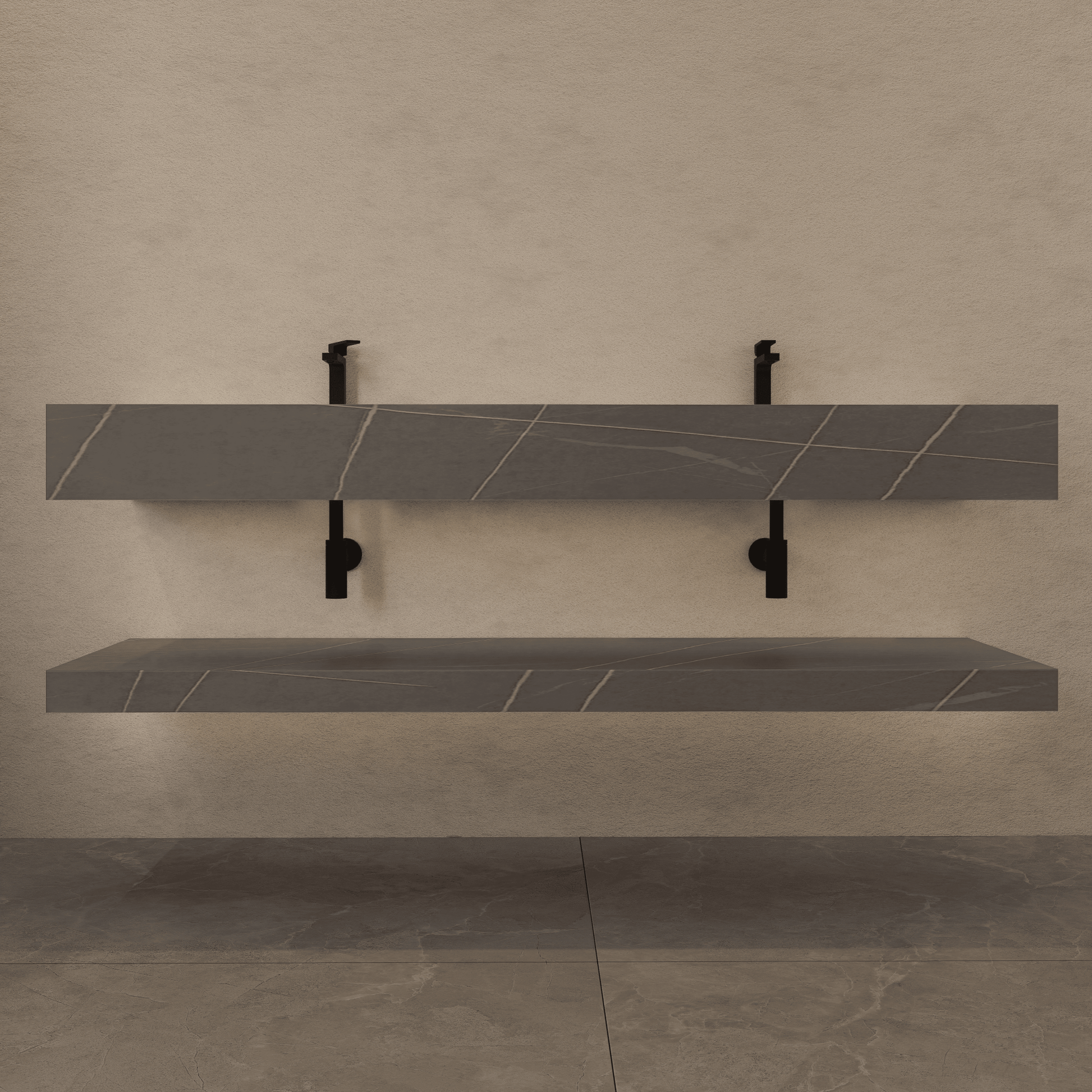 71 Inch Slate Double Sink Floating Vanity – Seamless Stone Basin - A3 - VanityArmani Grey