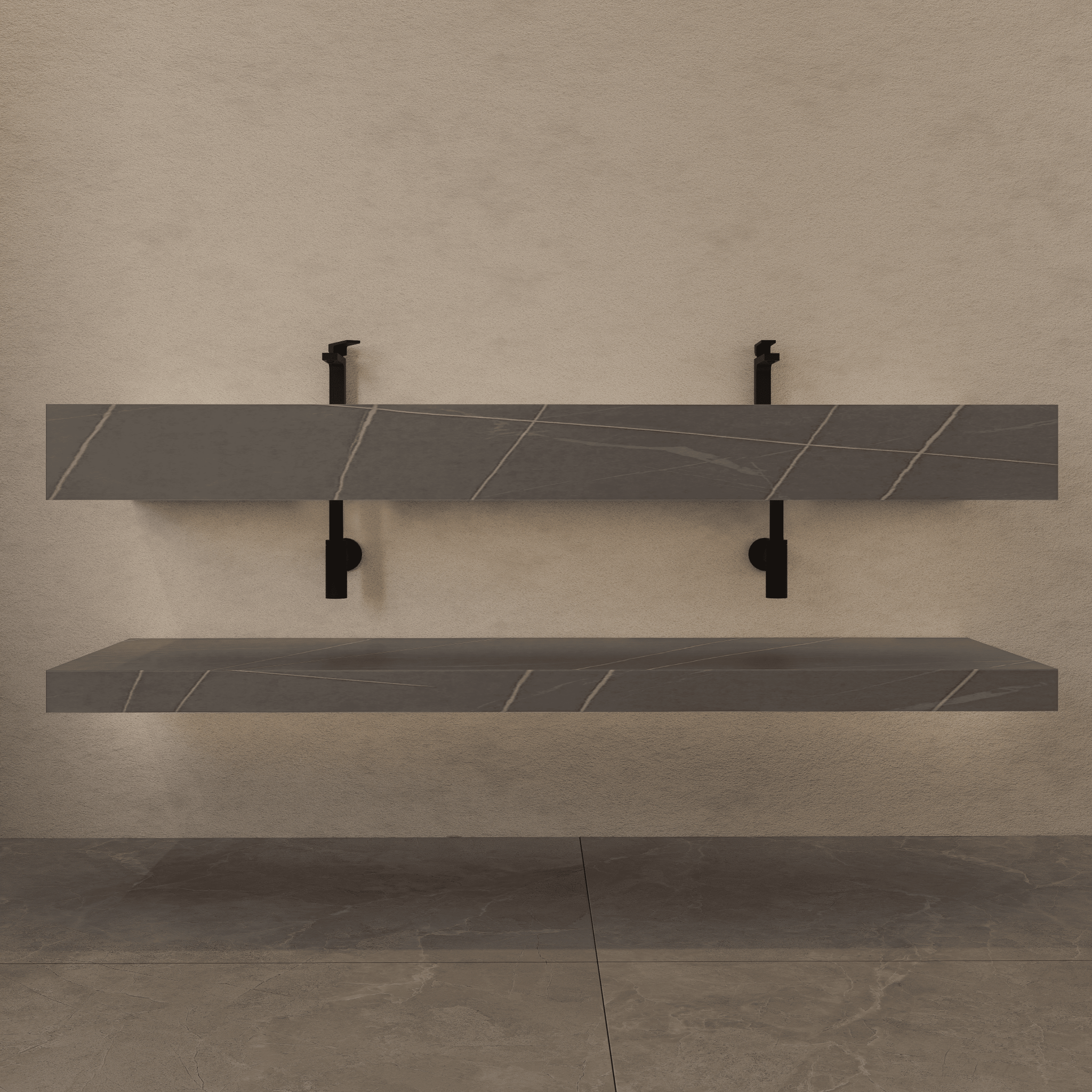 71 Inch Slate Double Sink Floating Vanity – Seamless Stone Basin - A3 - VanityArmani Grey