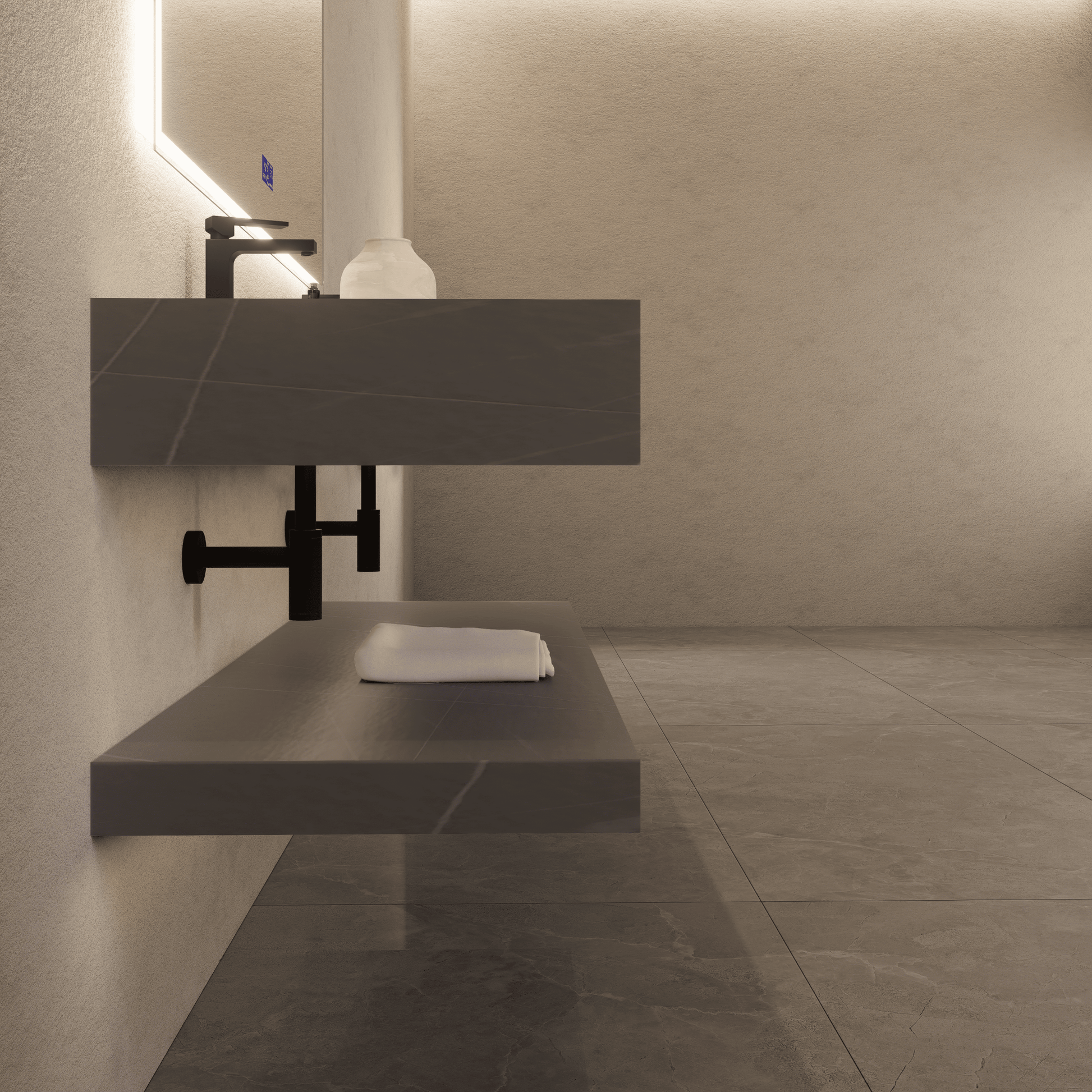 71 Inch Slate Double Sink Floating Vanity – Seamless Stone Basin - A3 - VanityArmani Grey