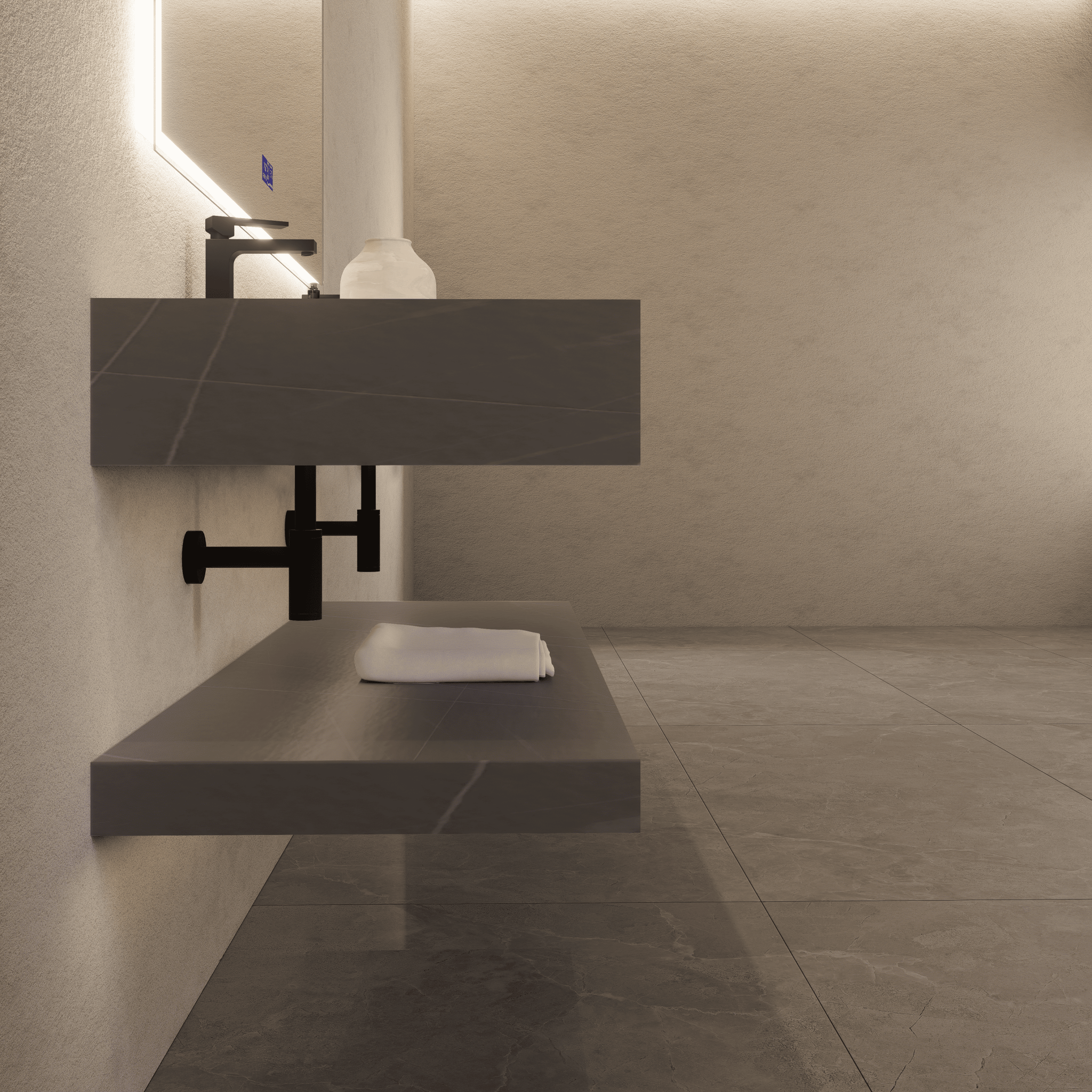 71 Inch Slate Double Sink Floating Vanity – Seamless Stone Basin - A3 - VanityArmani Grey