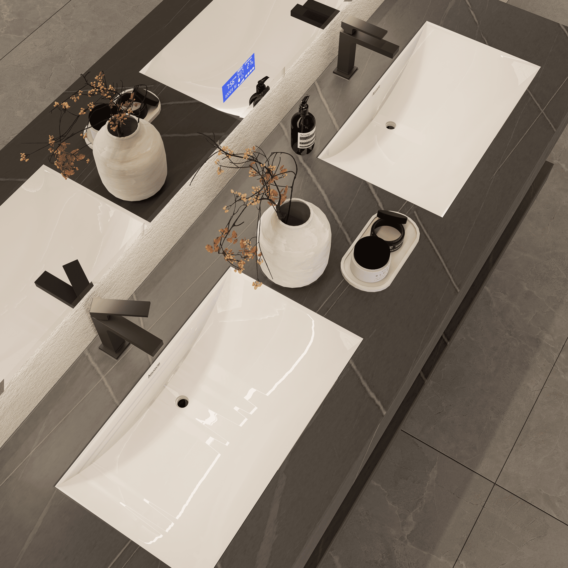 71 Inch Slate Double Sink Floating Vanity – Seamless Stone Basin - A3 - VanityArmani Grey