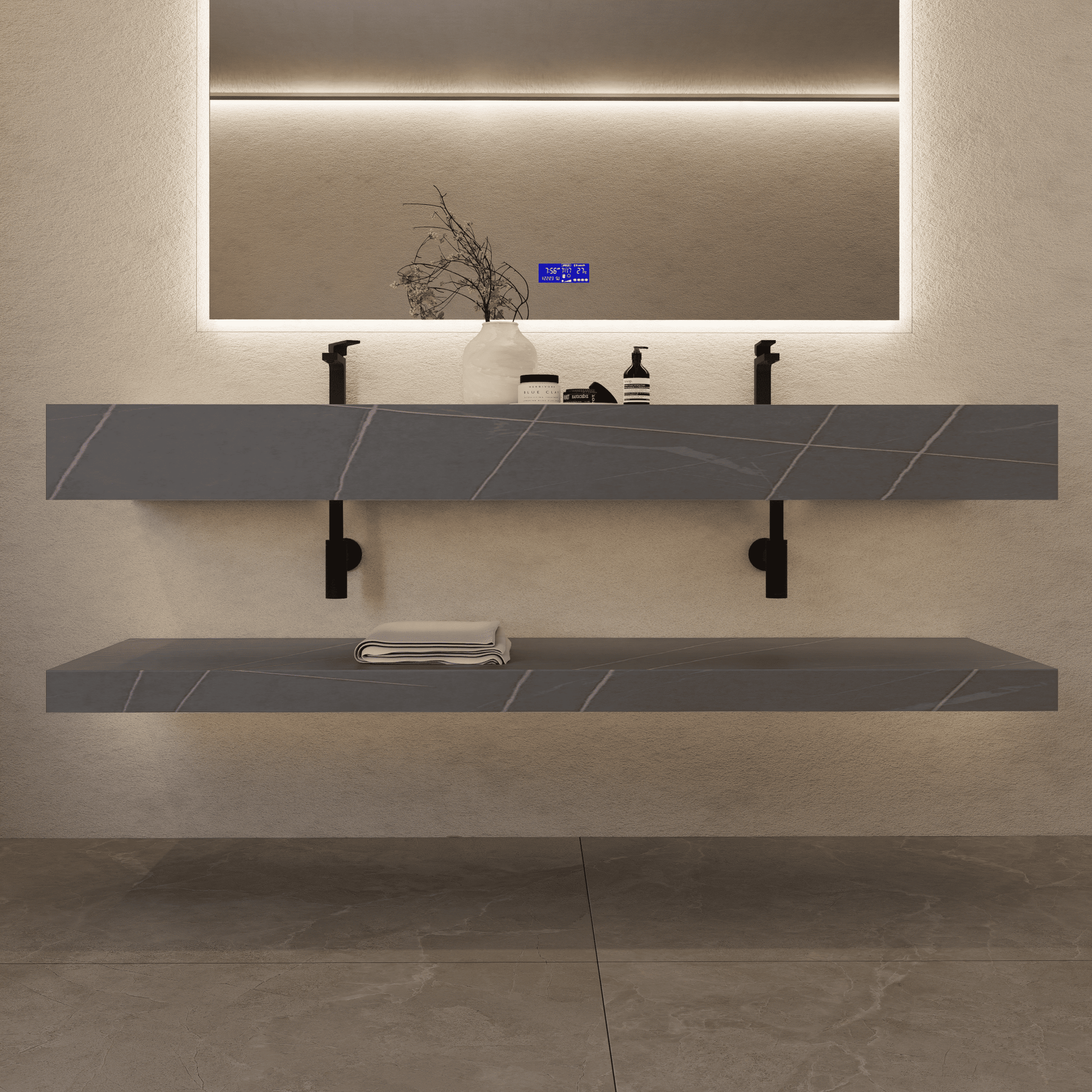 71 Inch Slate Double Sink Floating Vanity – Seamless Stone Basin - A3 - VanityArmani Grey