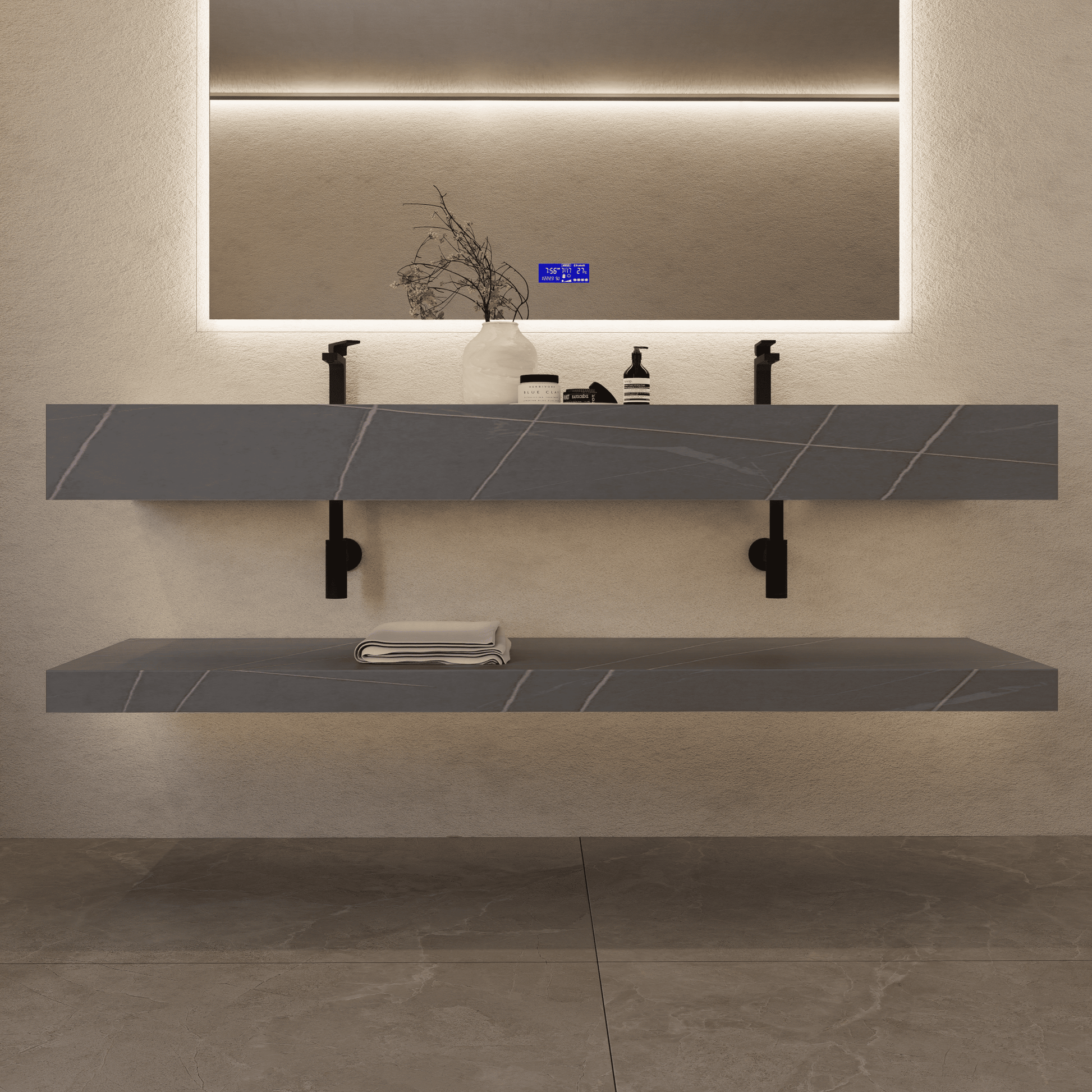 71 Inch Slate Double Sink Floating Vanity – Seamless Stone Basin - A3 - VanityArmani Grey