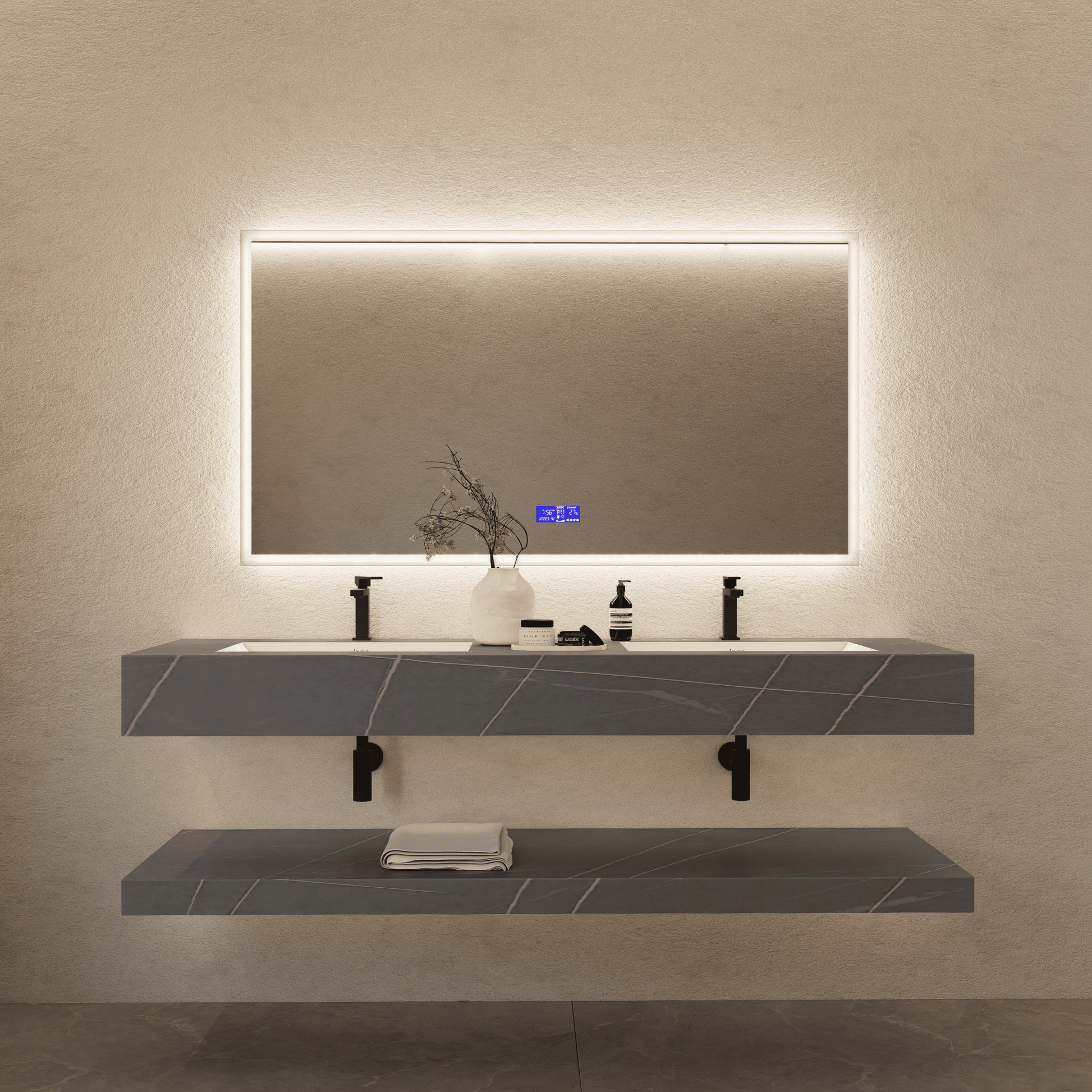 71 Inch Slate Double Sink Floating Vanity – Seamless Stone Basin - A3 - VanityArmani Grey