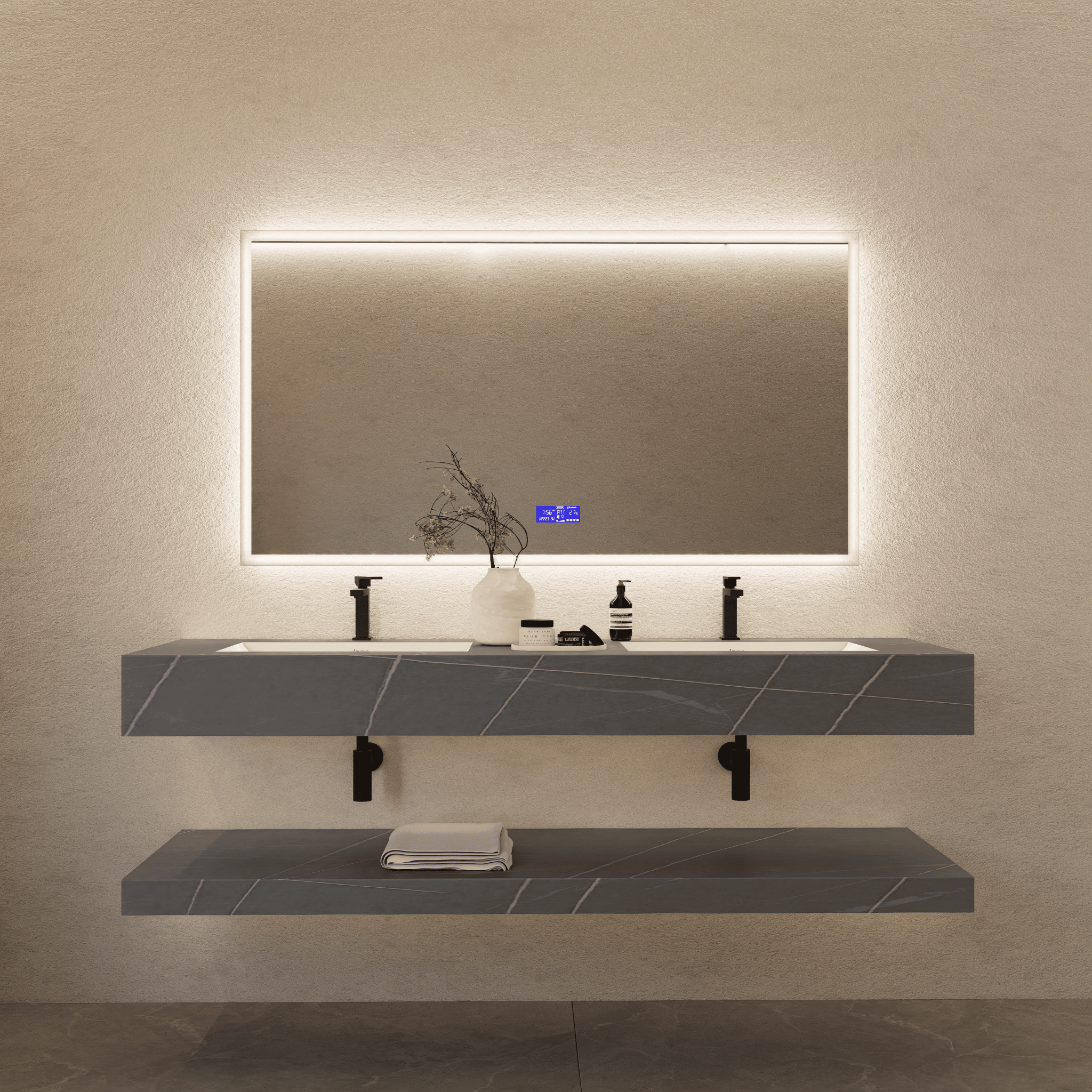 71 Inch Slate Double Sink Floating Vanity – Seamless Stone Basin - A3 - VanityArmani Grey