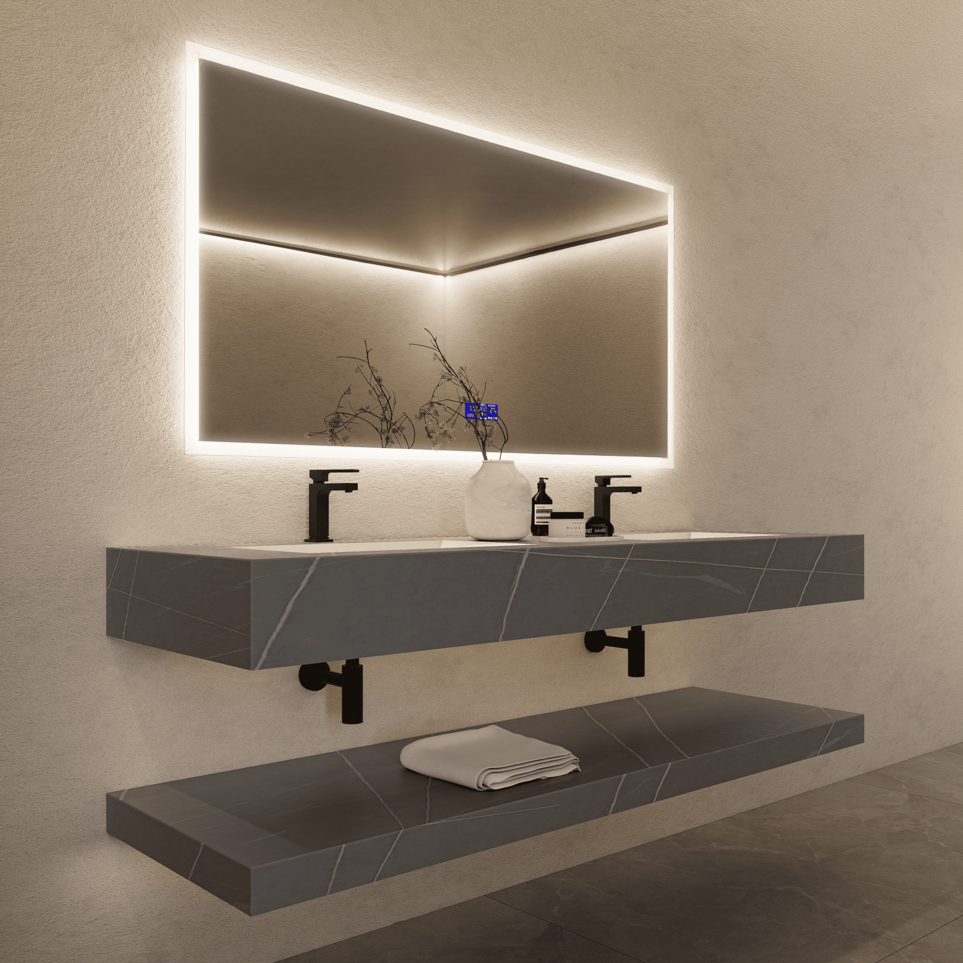 71 Inch Slate Double Sink Floating Vanity – Seamless Stone Basin - A3 - VanityArmani Grey