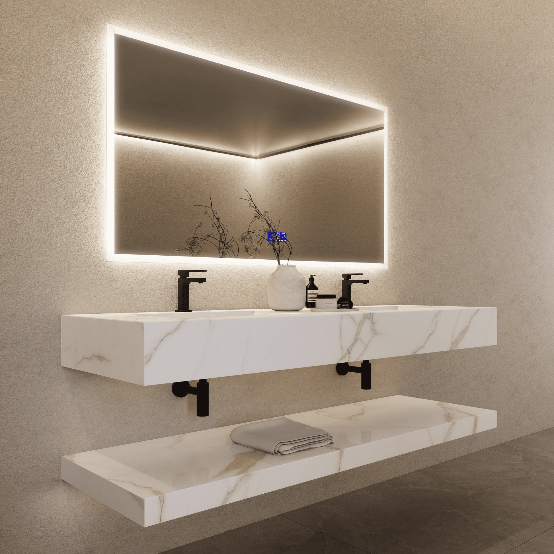 71 Inch Slate Double Sink Floating Vanity – Seamless Stone Basin - A3 - VanityCalacatta Gold