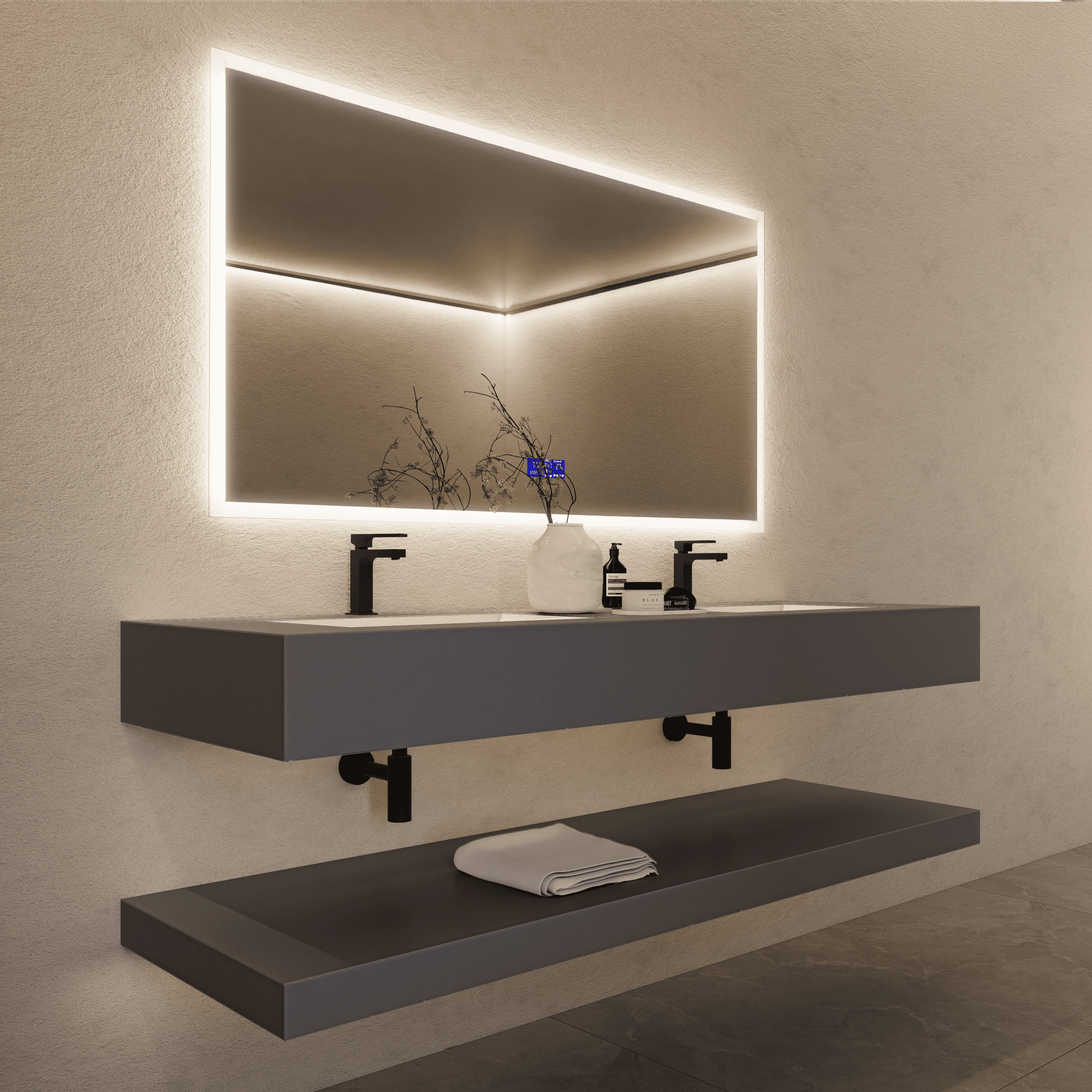 71 Inch Slate Double Sink Floating Vanity – Seamless Stone Basin - A3 - VanityCalacatta Gold
