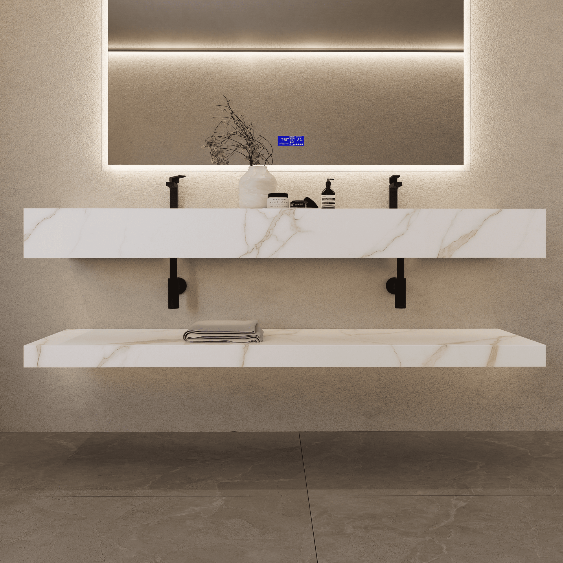 71 Inch Slate Double Sink Floating Vanity – Seamless Stone Basin - A3 - VanityCalacatta Gold
