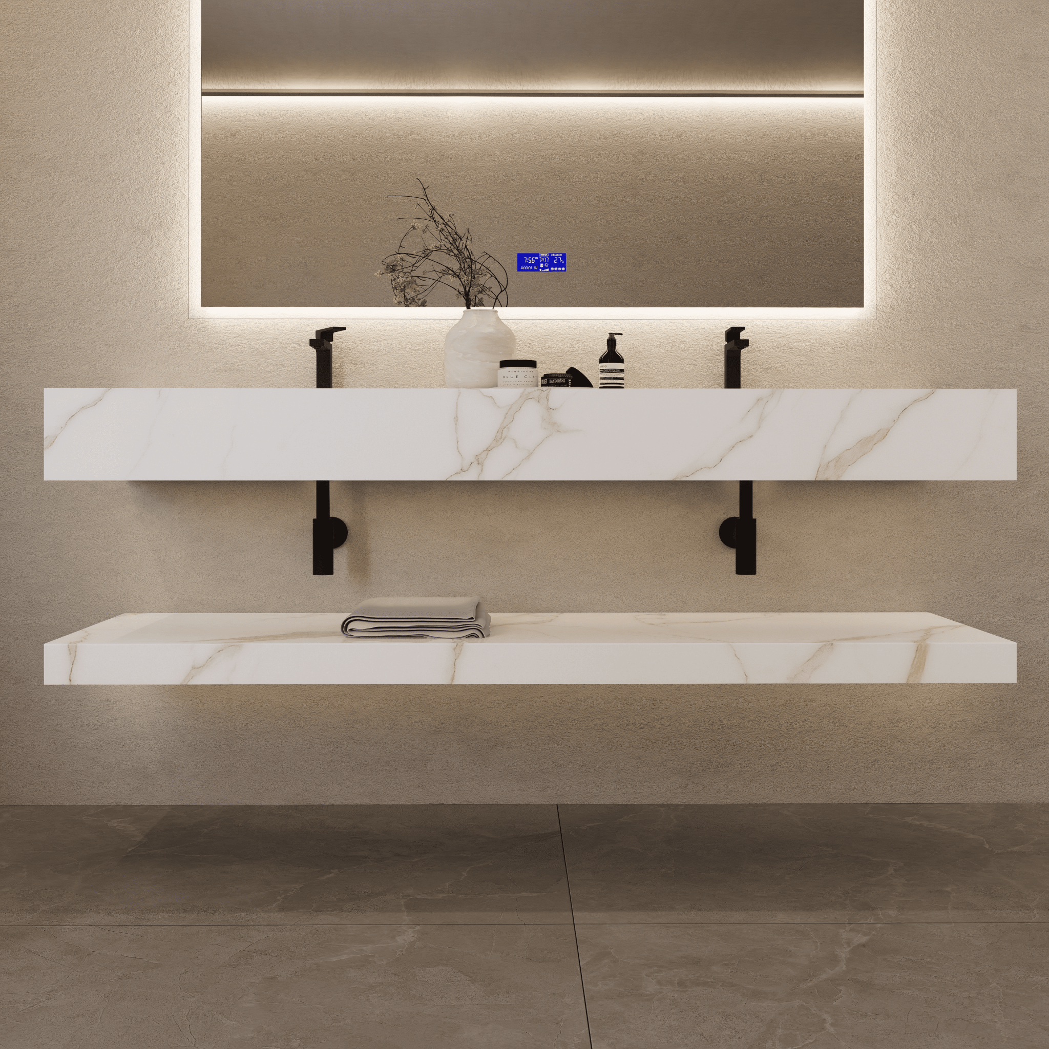 71 Inch Slate Double Sink Floating Vanity – Seamless Stone Basin - A3 - VanityCalacatta Gold