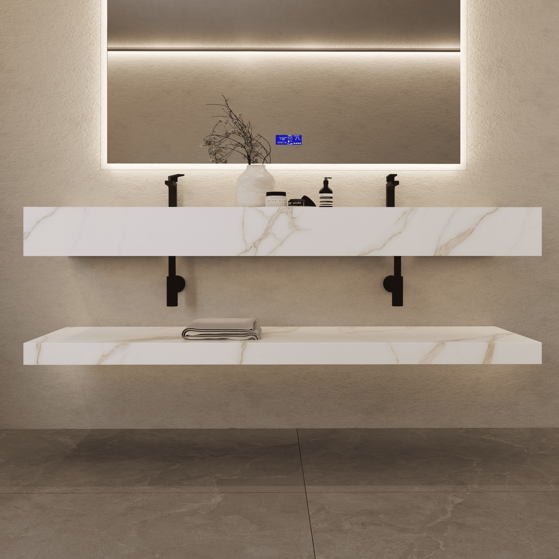 71 Inch Slate Double Sink Floating Vanity – Seamless Stone Basin - A3 - VanityCalacatta Gold
