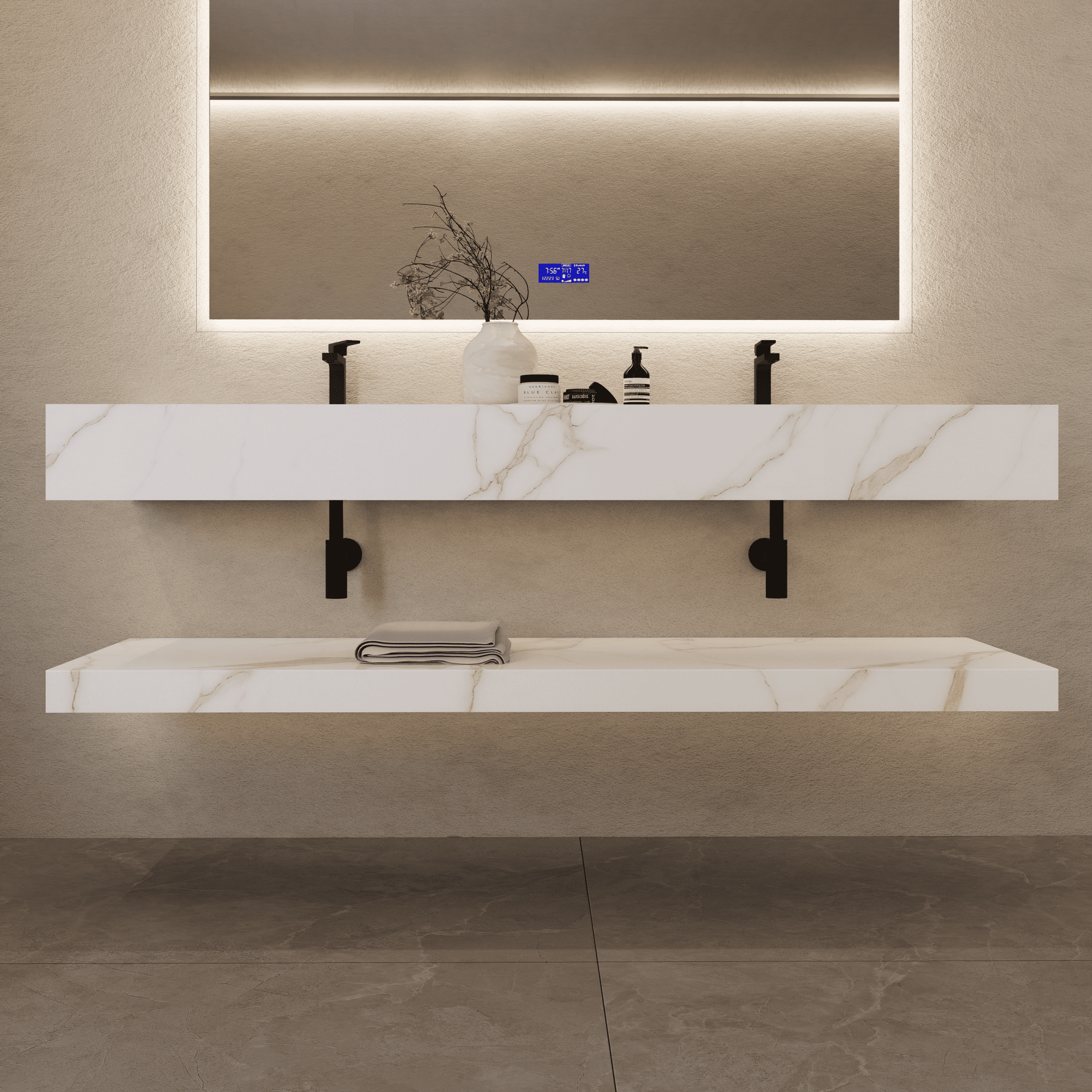 71 Inch Slate Double Sink Floating Vanity – Seamless Stone Basin - A3 - VanityCalacatta Gold