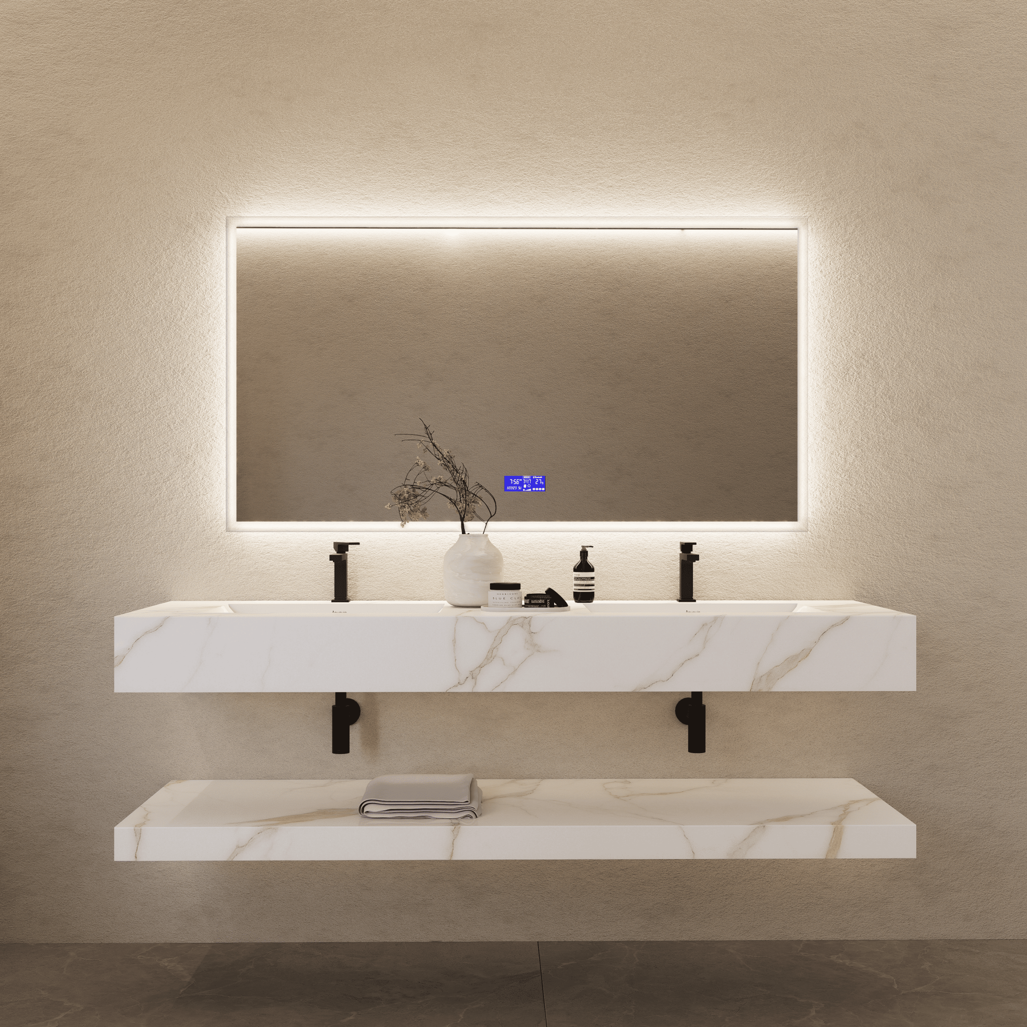 71 Inch Slate Double Sink Floating Vanity – Seamless Stone Basin - A3 - VanityCalacatta Gold