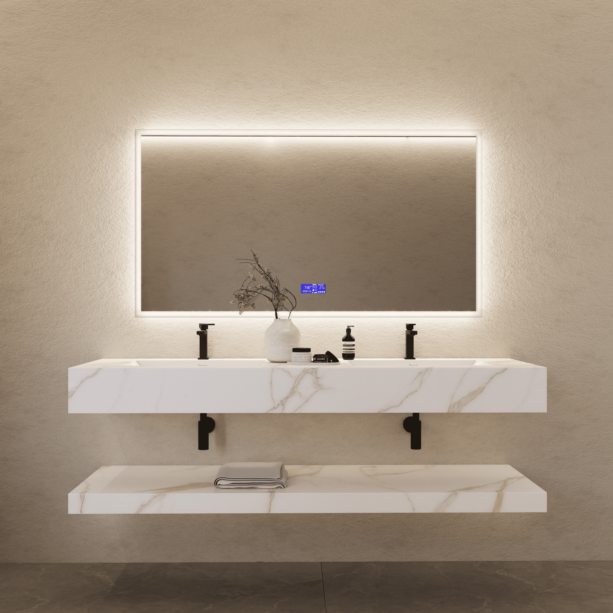 71 Inch Slate Double Sink Floating Vanity – Seamless Stone Basin - A3 - VanityCalacatta Gold