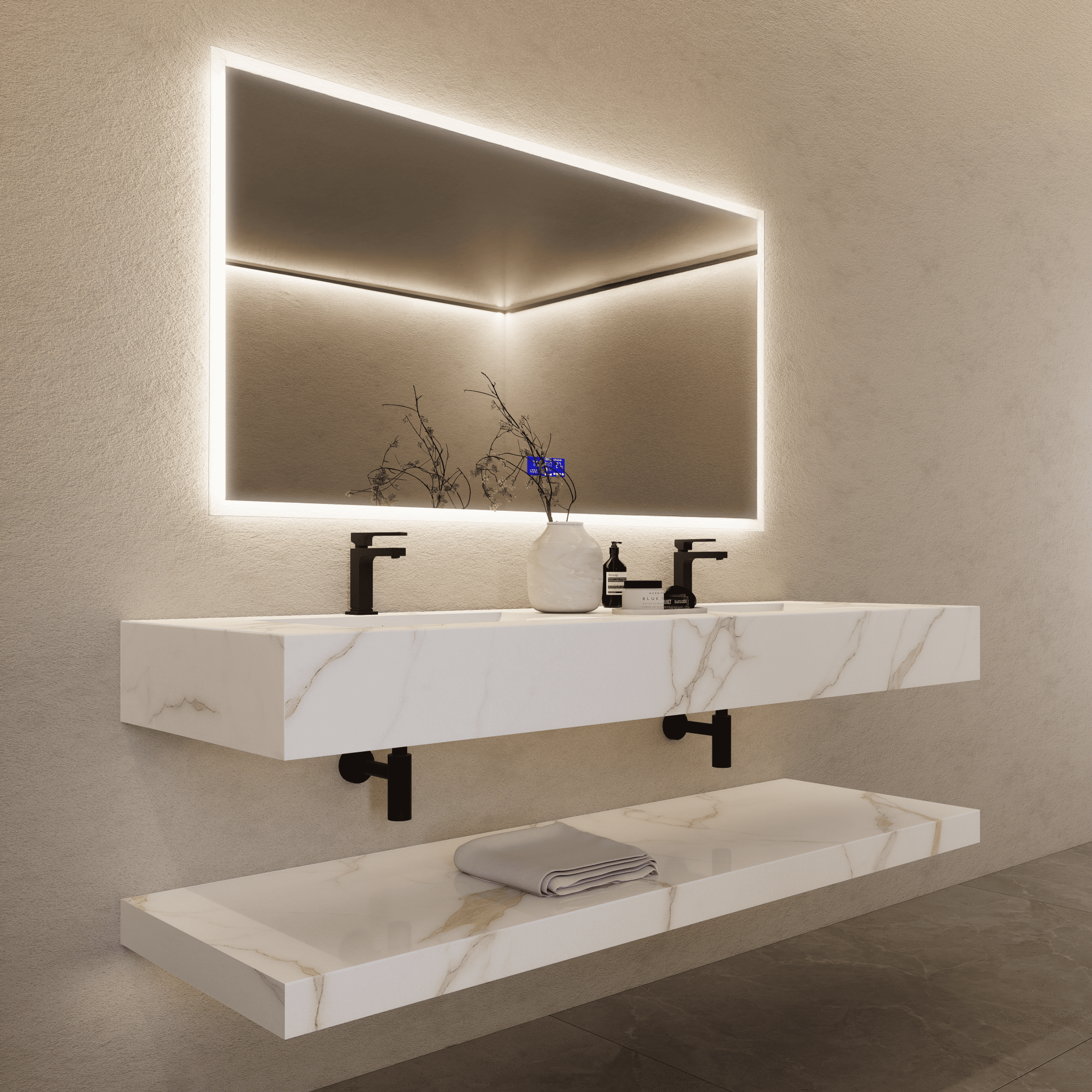 71 Inch Slate Double Sink Floating Vanity – Seamless Stone Basin - A3 - VanityCalacatta Gold