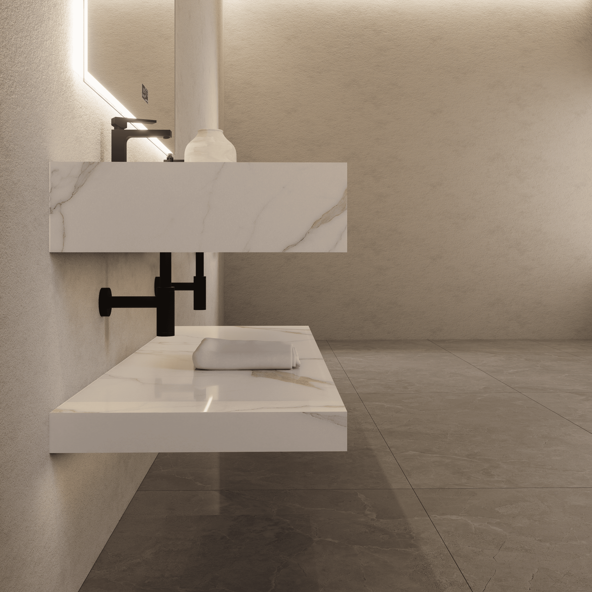 71 Inch Slate Double Sink Floating Vanity – Seamless Stone Basin - A3 - VanityCalacatta Gold