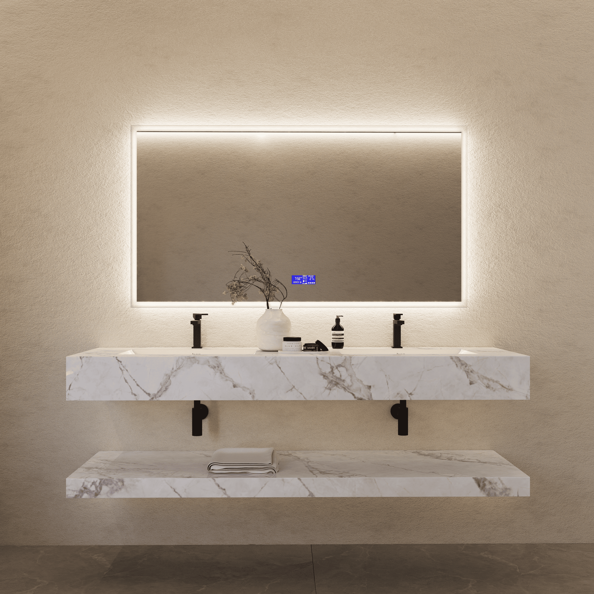 71 Inch Slate Double Sink Floating Vanity – Seamless Stone Basin - A3 - VanityIce Grey