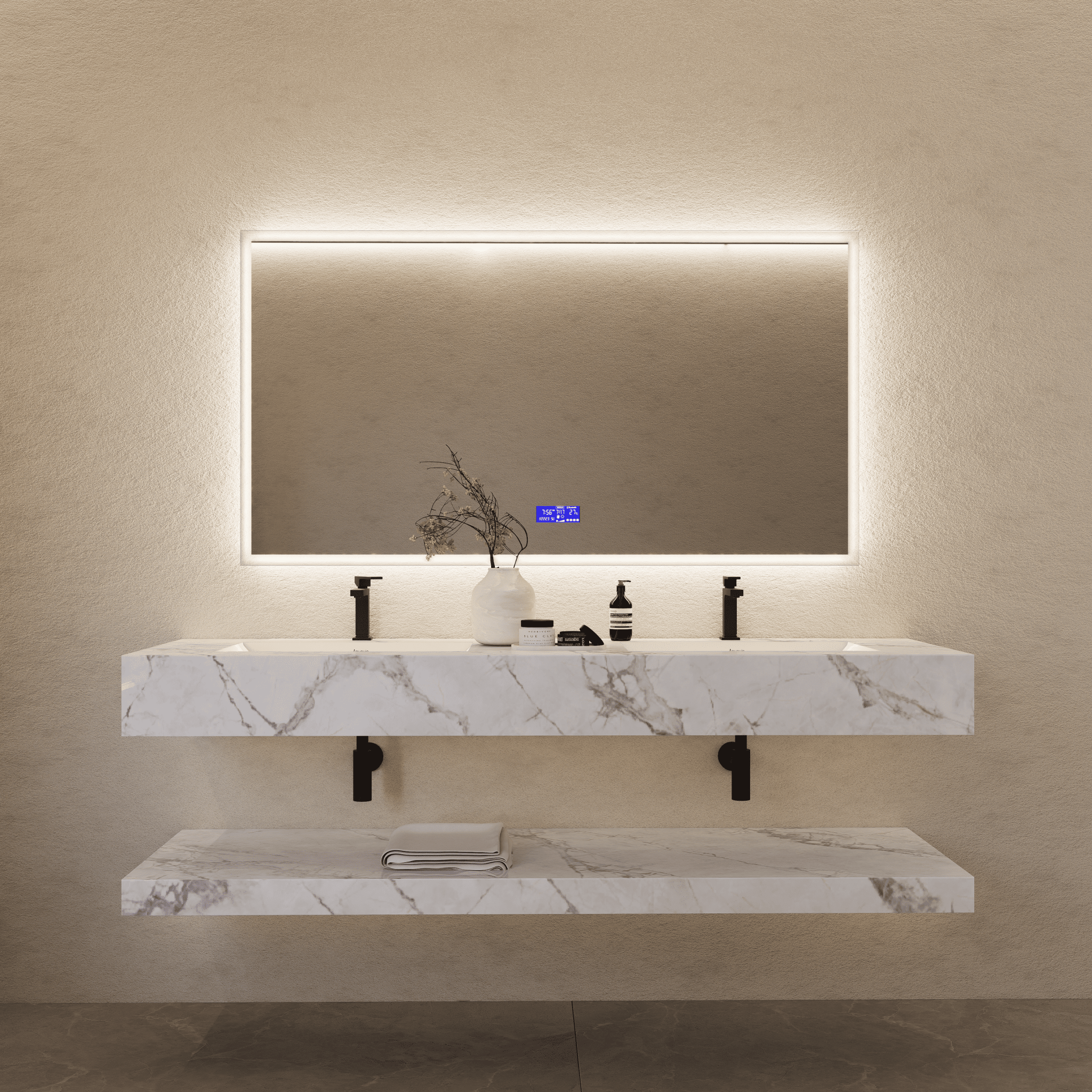 71 Inch Slate Double Sink Floating Vanity – Seamless Stone Basin - A3 - VanityIce Grey