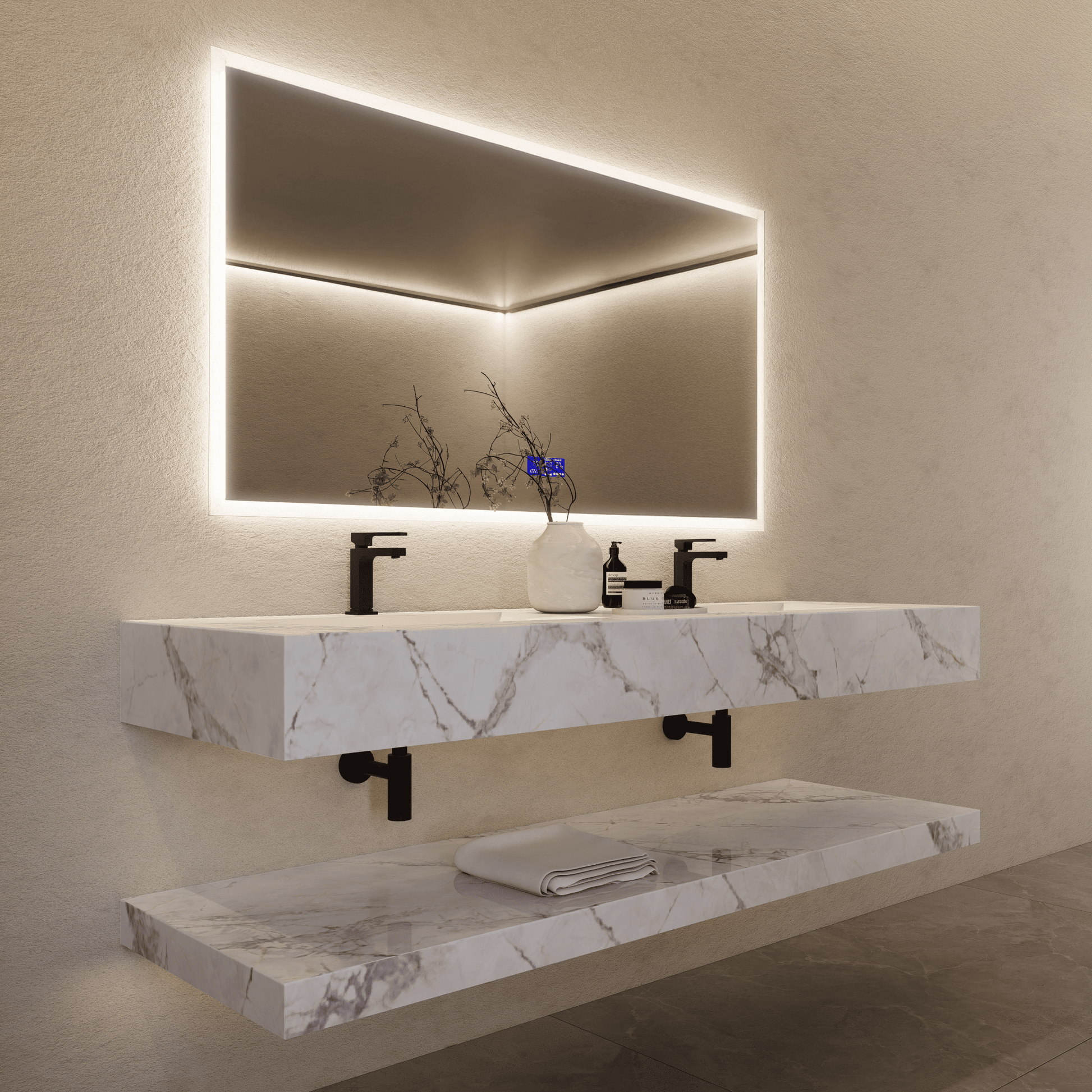 71 Inch Slate Double Sink Floating Vanity – Seamless Stone Basin - A3 - VanityIce Grey