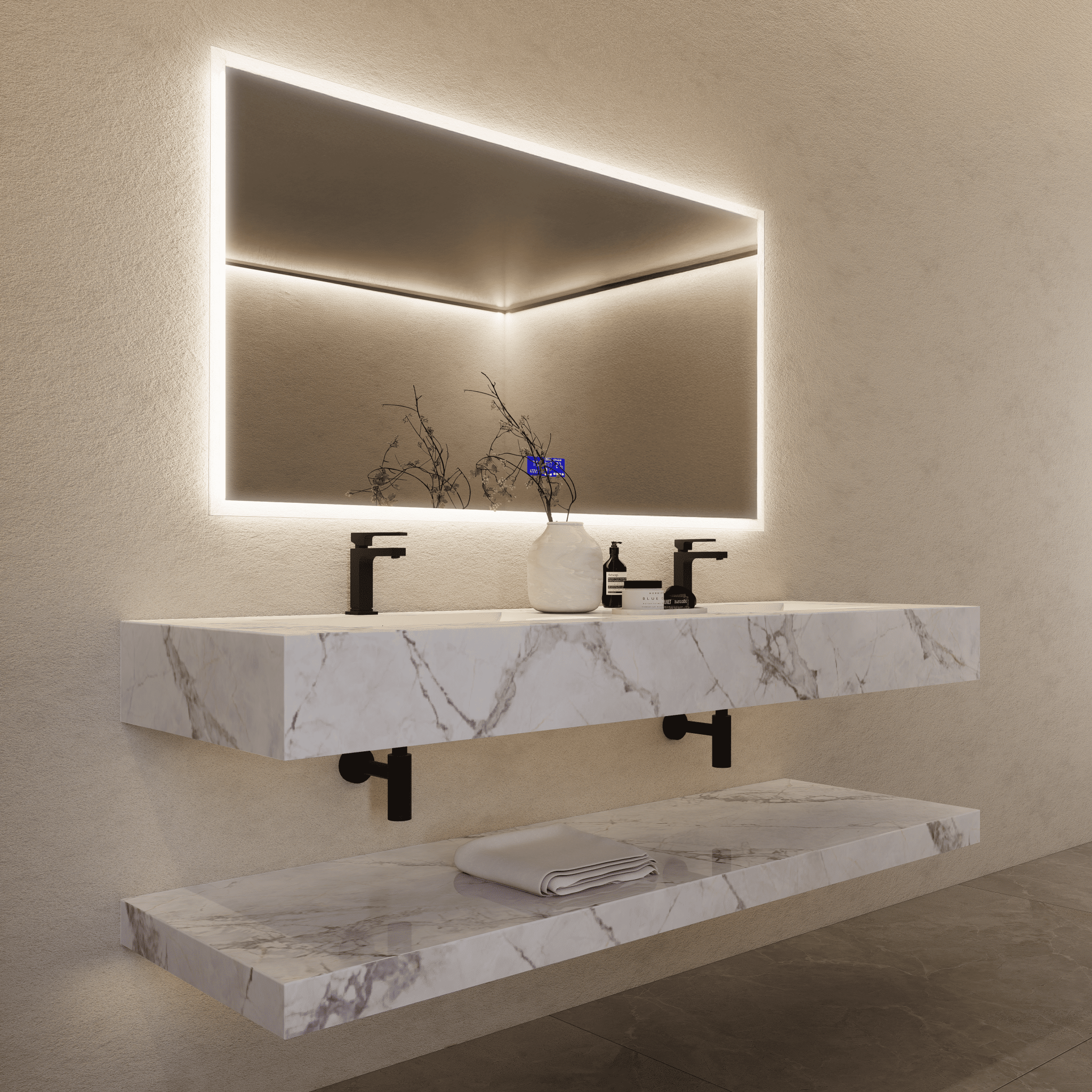 71 Inch Slate Double Sink Floating Vanity – Seamless Stone Basin - A3 - VanityIce Grey