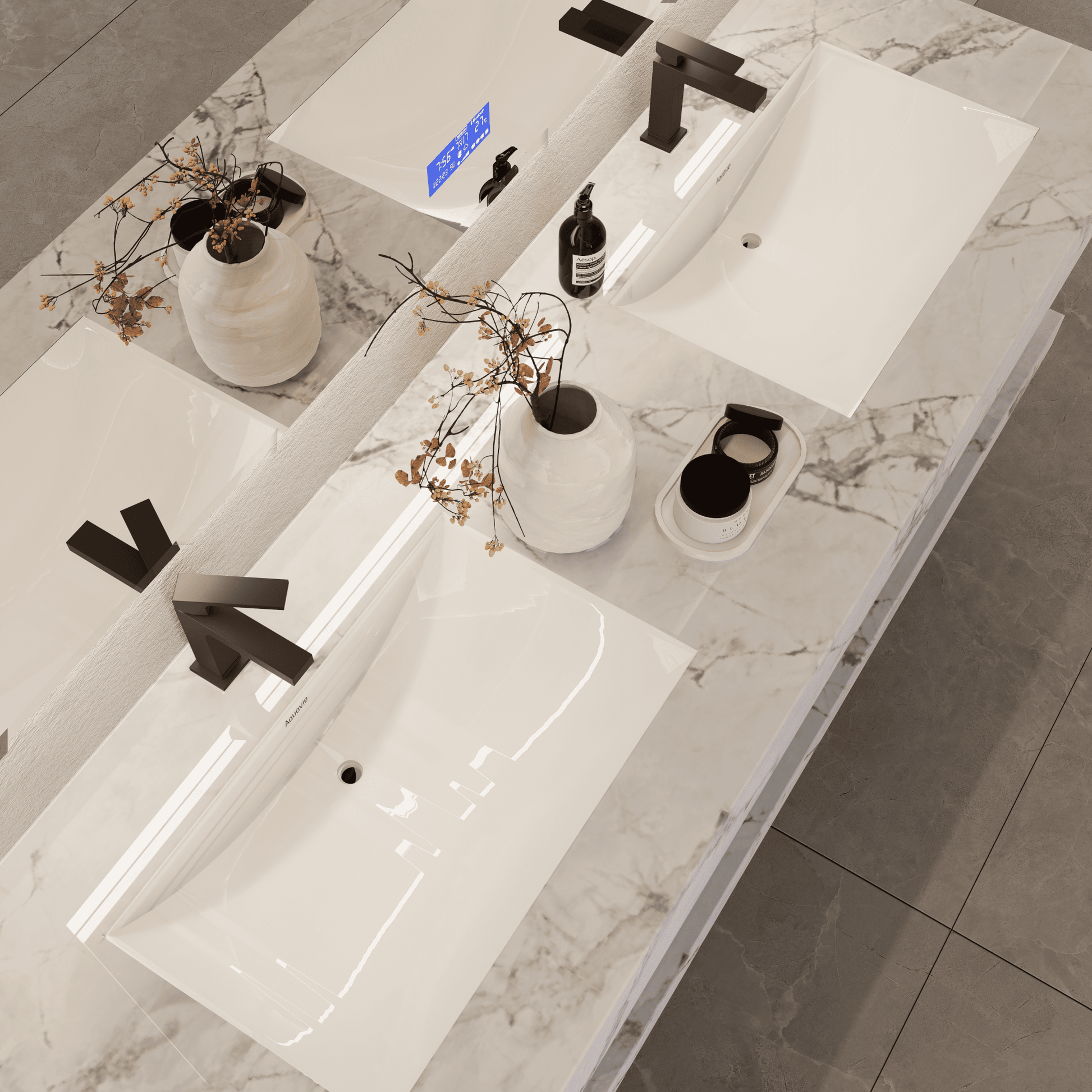 71 Inch Slate Double Sink Floating Vanity – Seamless Stone Basin - A3 - VanityIce Grey