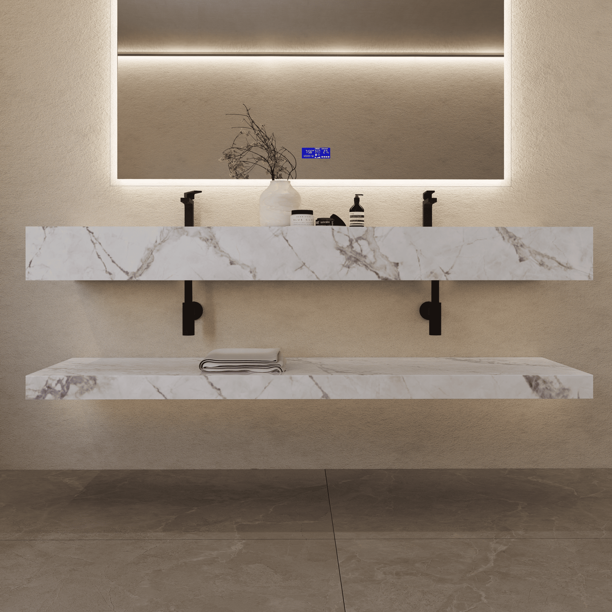 71 Inch Slate Double Sink Floating Vanity – Seamless Stone Basin - A3 - VanityIce Grey