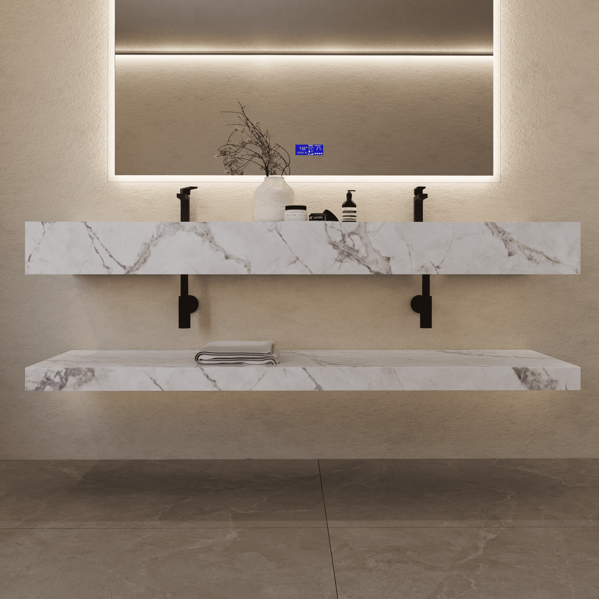 71 Inch Slate Double Sink Floating Vanity – Seamless Stone Basin - A3 - VanityIce Grey