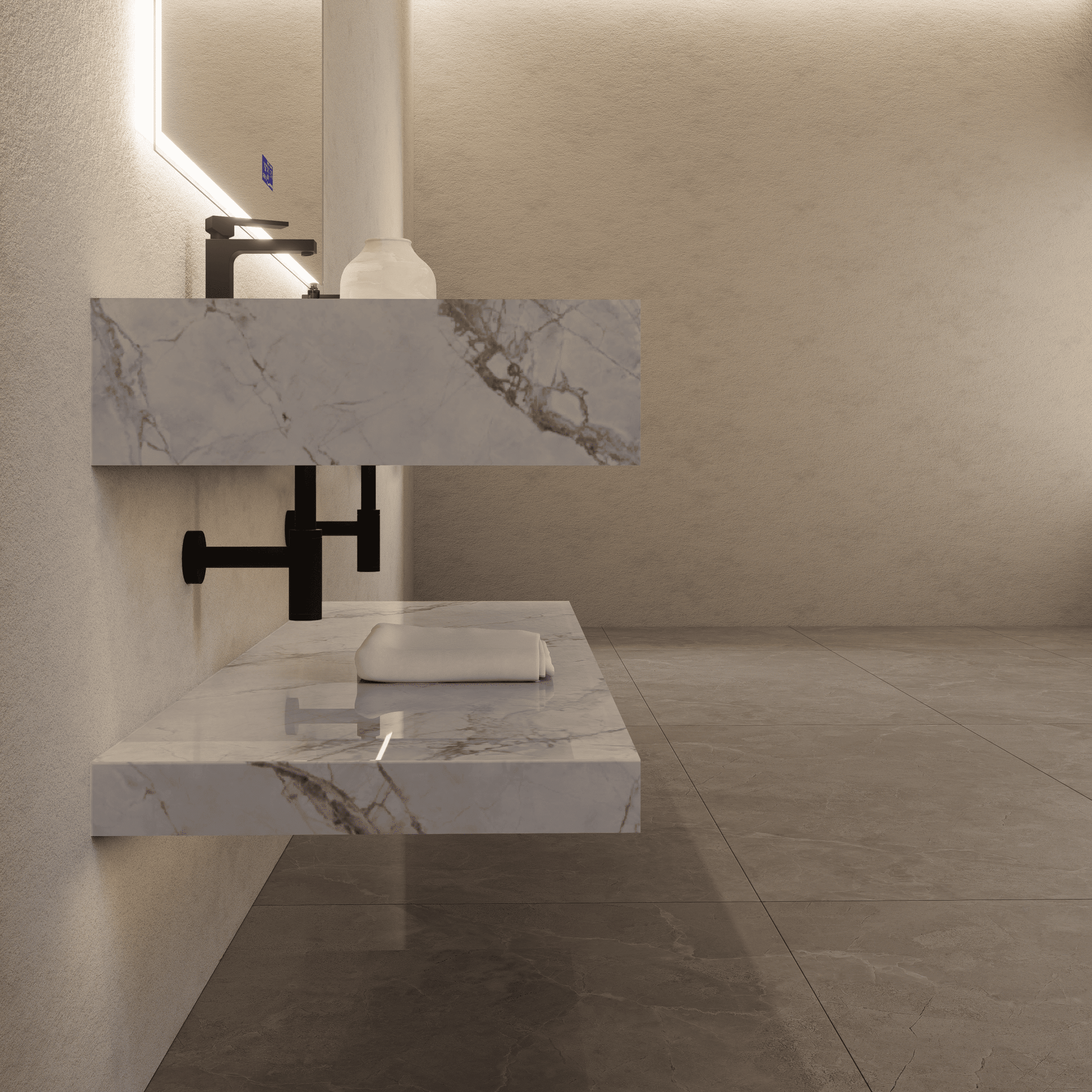 71 Inch Slate Double Sink Floating Vanity – Seamless Stone Basin - A3 - VanityIce Grey