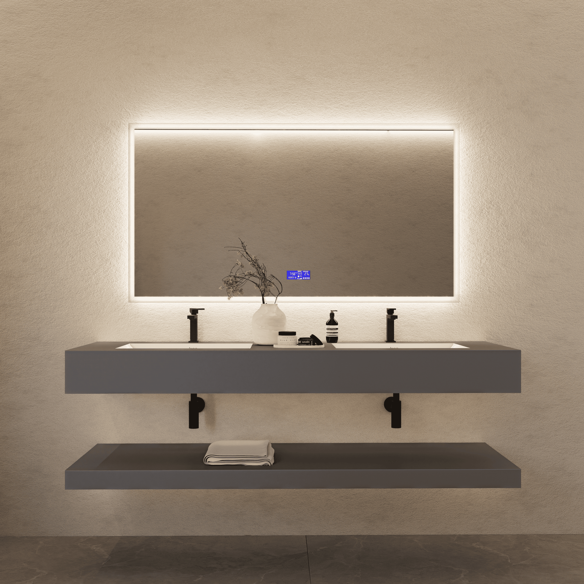 71 Inch Slate Double Sink Floating Vanity – Seamless Stone Basin - A3 - VanityMatte Grey