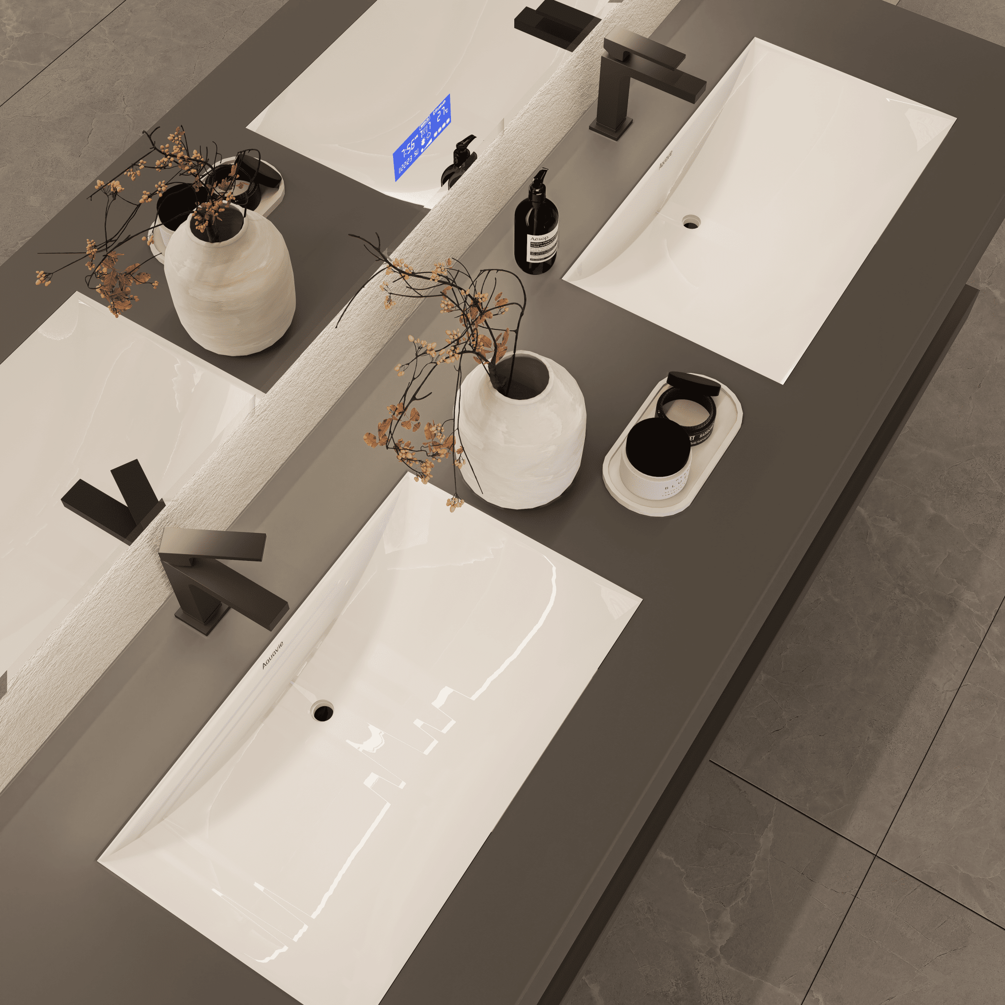 71 Inch Slate Double Sink Floating Vanity – Seamless Stone Basin - A3 - VanityMatte Grey