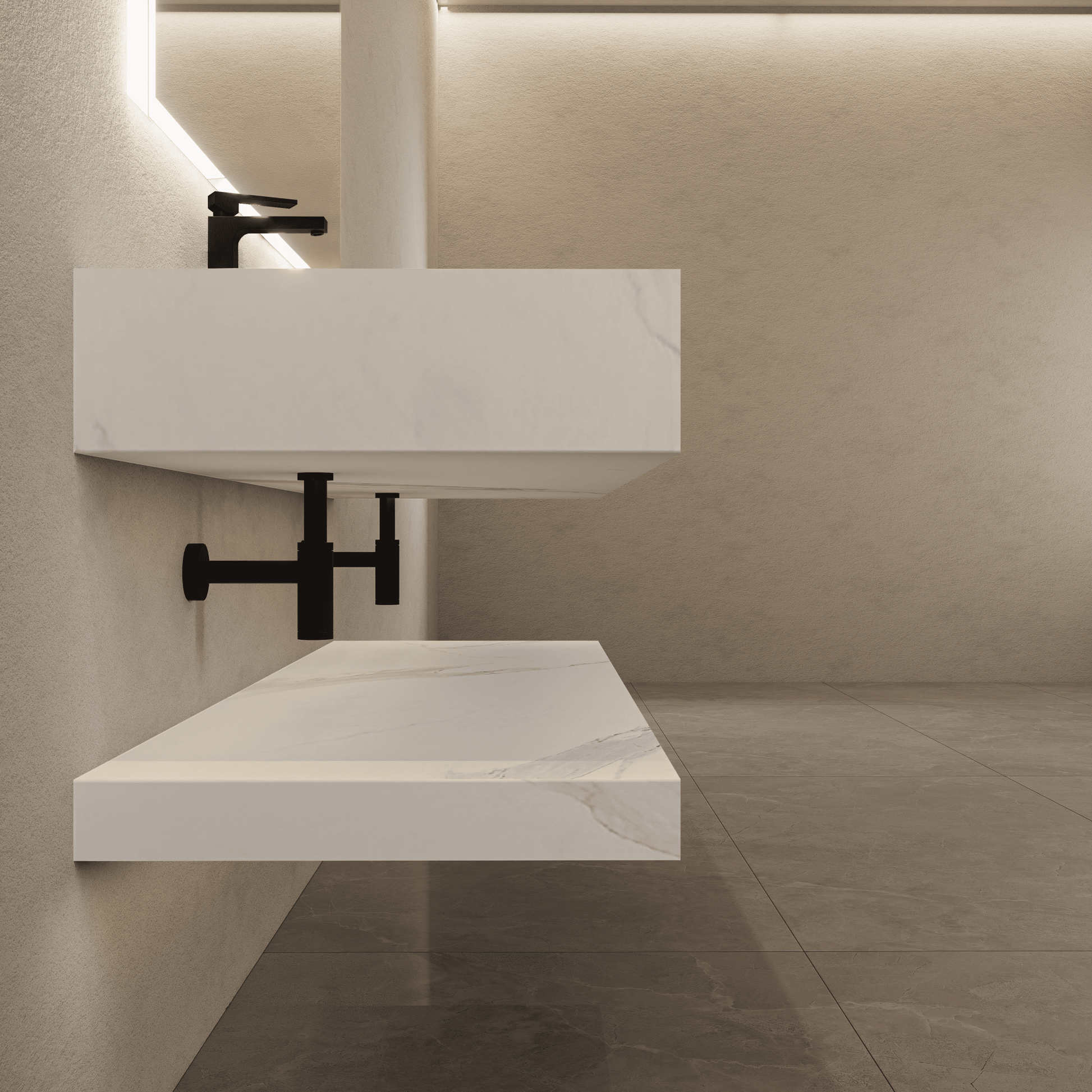 71 Inch Slate Double Sink Floating Vanity – Seamless Stone Basin - A3 - VanityWhite Carrara