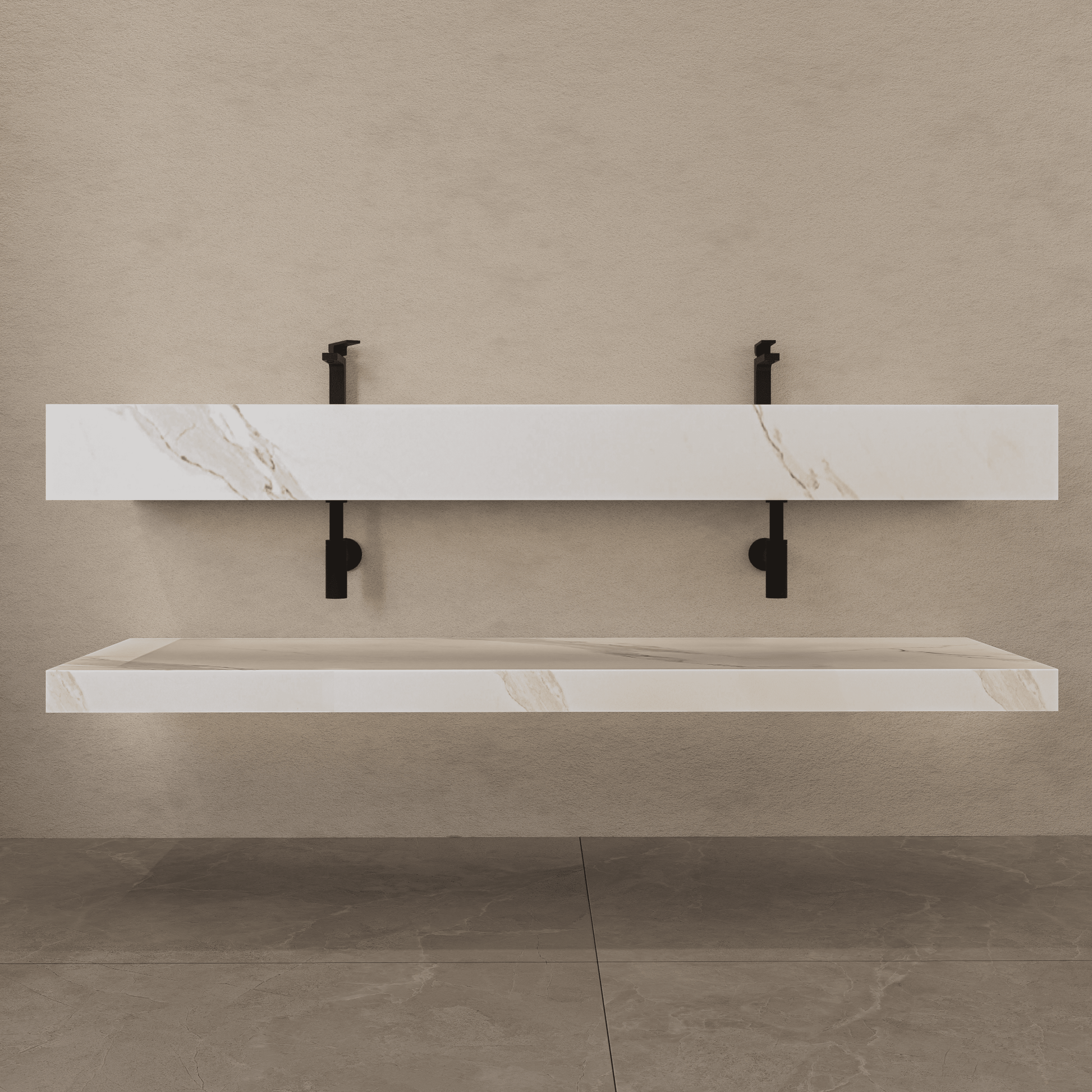 71 Inch Slate Double Sink Floating Vanity – Seamless Stone Basin - A3 - VanityWhite Carrara