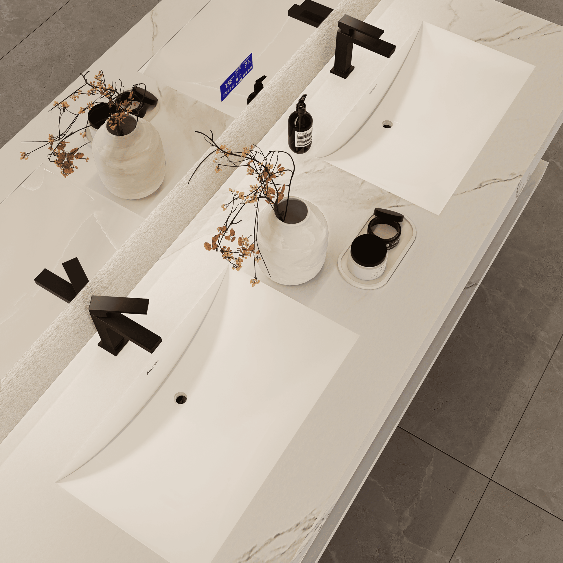 71 Inch Slate Double Sink Floating Vanity – Seamless Stone Basin - A3 - VanityWhite Carrara