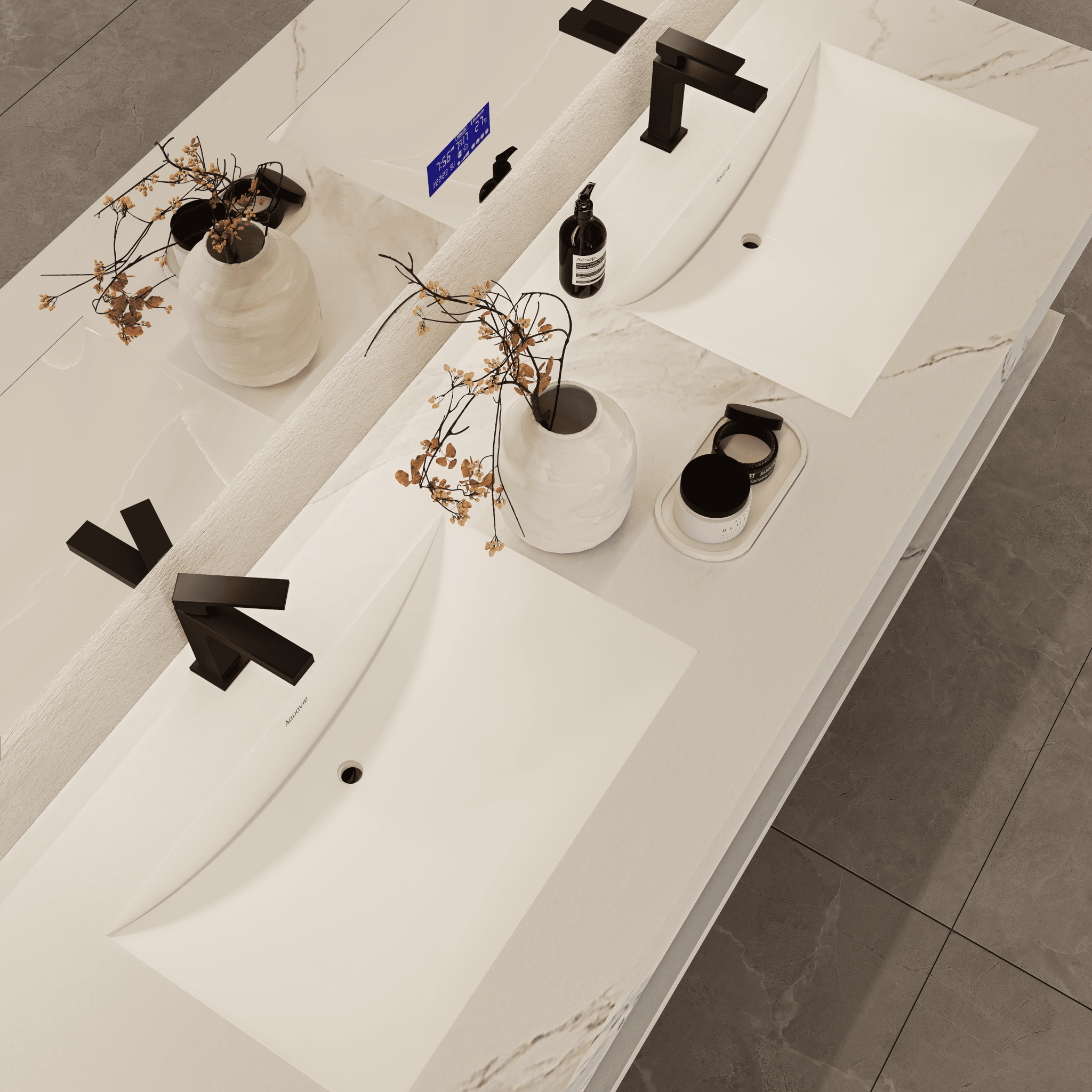 71 Inch Slate Double Sink Floating Vanity – Seamless Stone Basin - A3 - VanityWhite Carrara