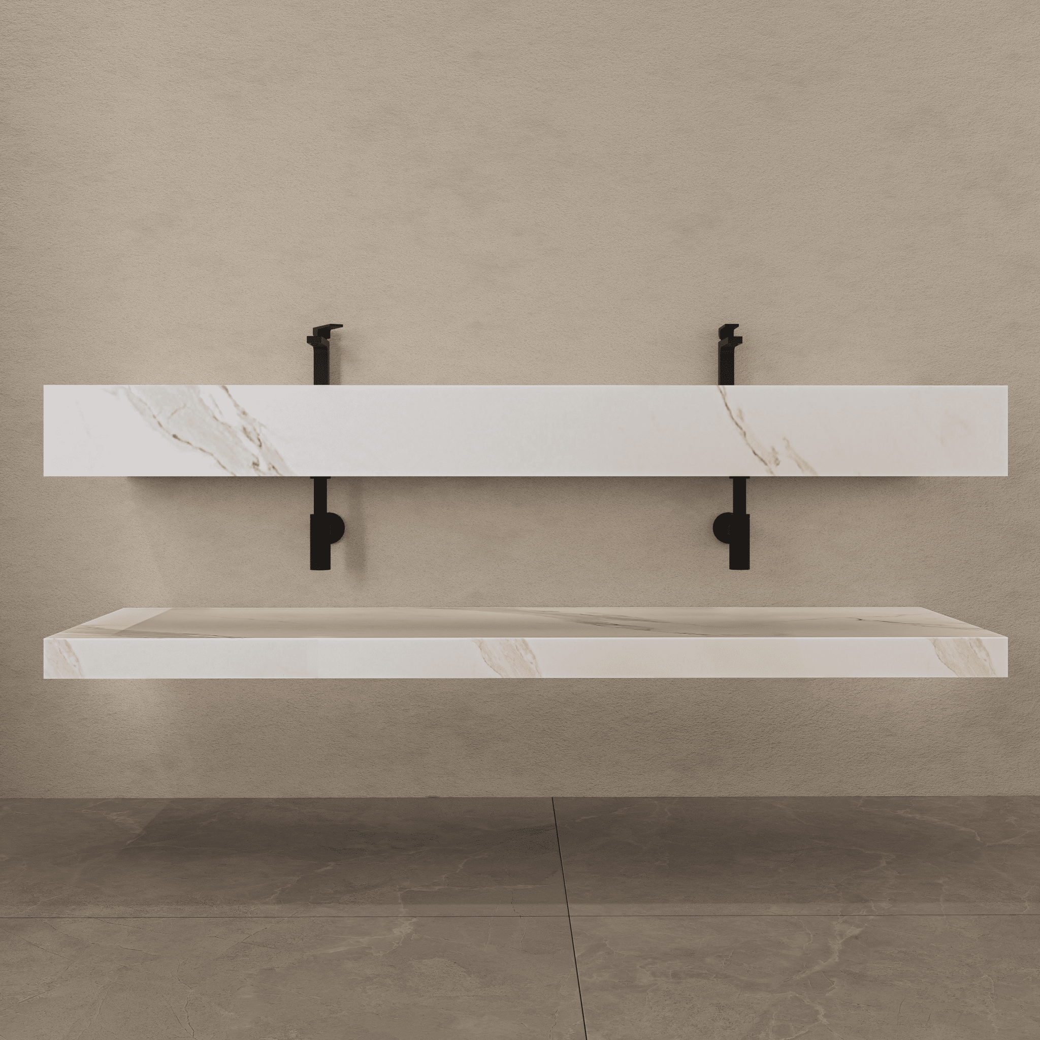 71 Inch Slate Double Sink Floating Vanity – Seamless Stone Basin - A3 - VanityWhite Carrara