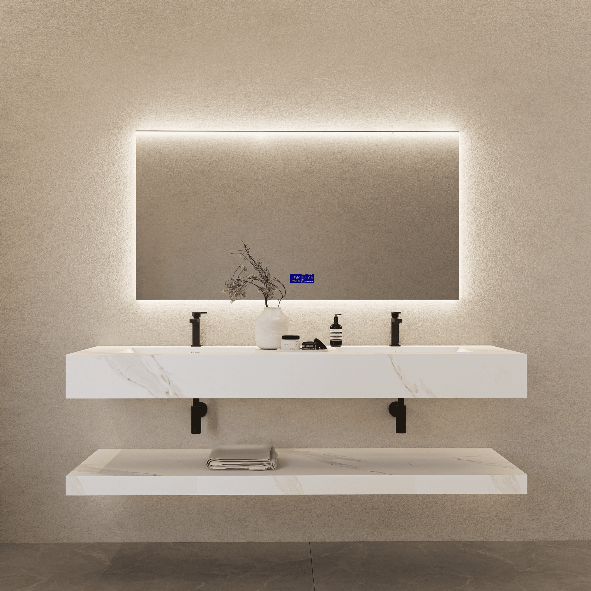 71 Inch Slate Double Sink Floating Vanity – Seamless Stone Basin - A3 - VanityWhite Carrara