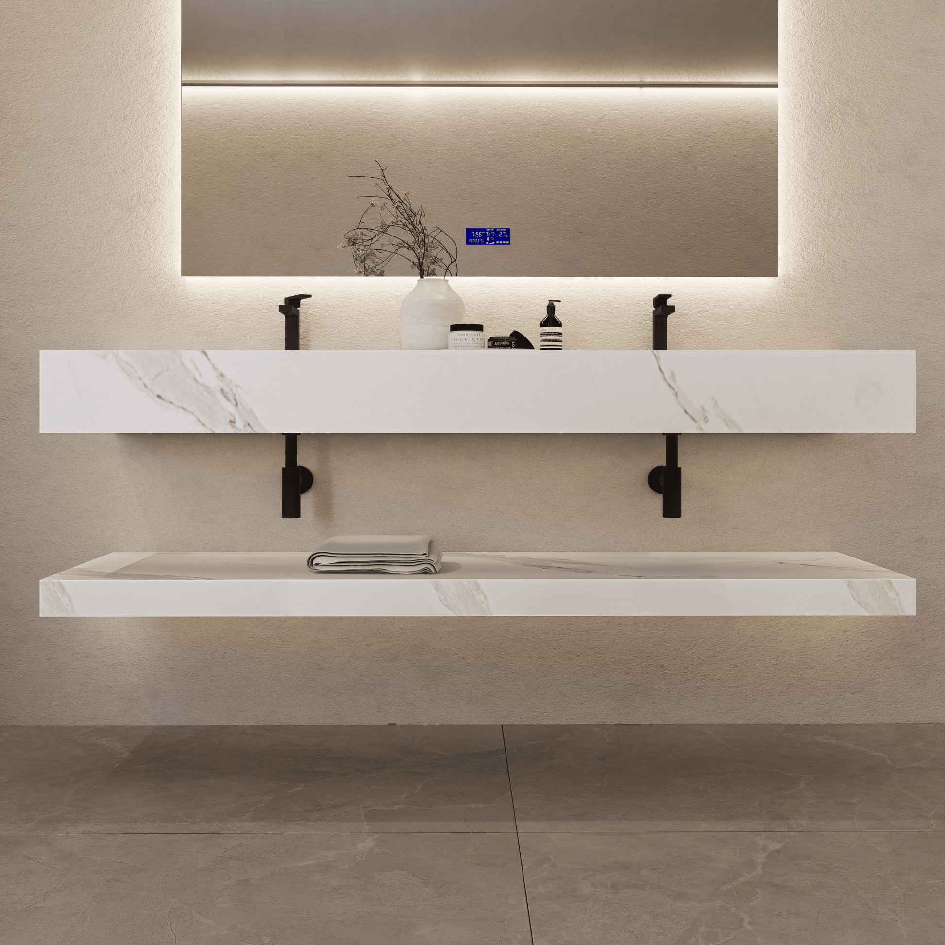 71 Inch Slate Double Sink Floating Vanity – Seamless Stone Basin - A3 - VanityWhite Carrara