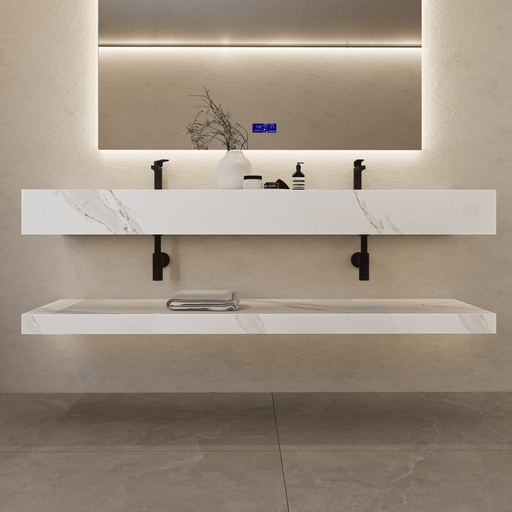 71 Inch Slate Double Sink Floating Vanity – Seamless Stone Basin - A3 - VanityWhite Carrara