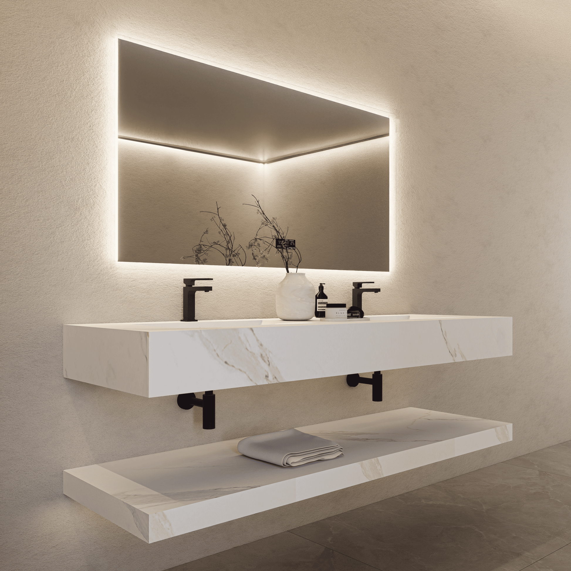 71 Inch Slate Double Sink Floating Vanity – Seamless Stone Basin - A3 - VanityWhite Carrara