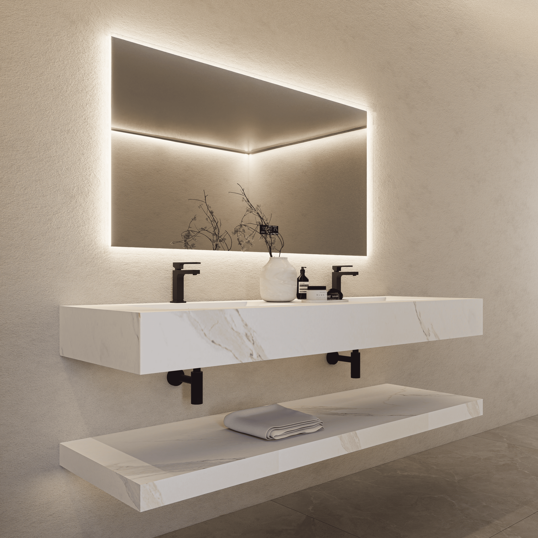 71 Inch Slate Double Sink Floating Vanity – Seamless Stone Basin - A3 - VanityWhite Carrara