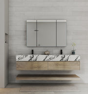 71" Light Oak Double Sink Stone Top Open Shelf Floating Bathroom Vanity - VanityLight Oak