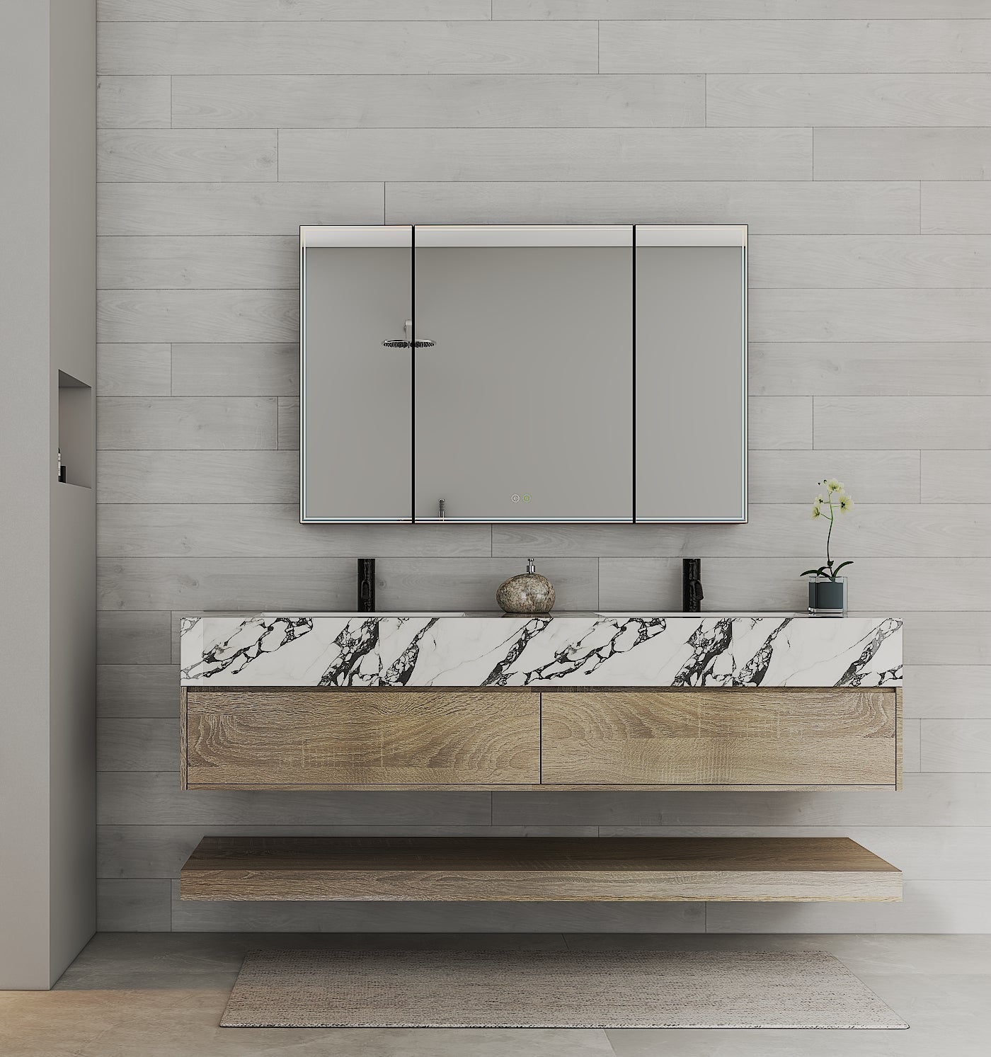 71" Light Oak Double Sink Stone Top Open Shelf Floating Bathroom Vanity - VanityLight Oak