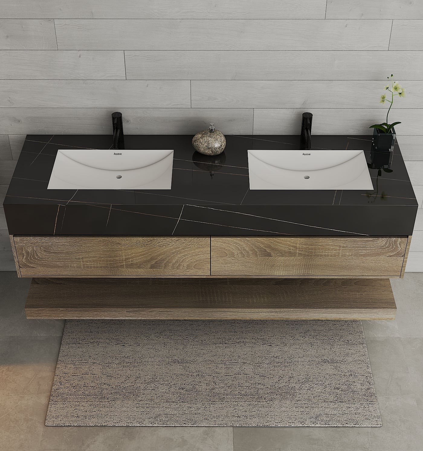 71" Light Oak Double Sink Stone Top Open Shelf Floating Bathroom Vanity - VanityLight Oak